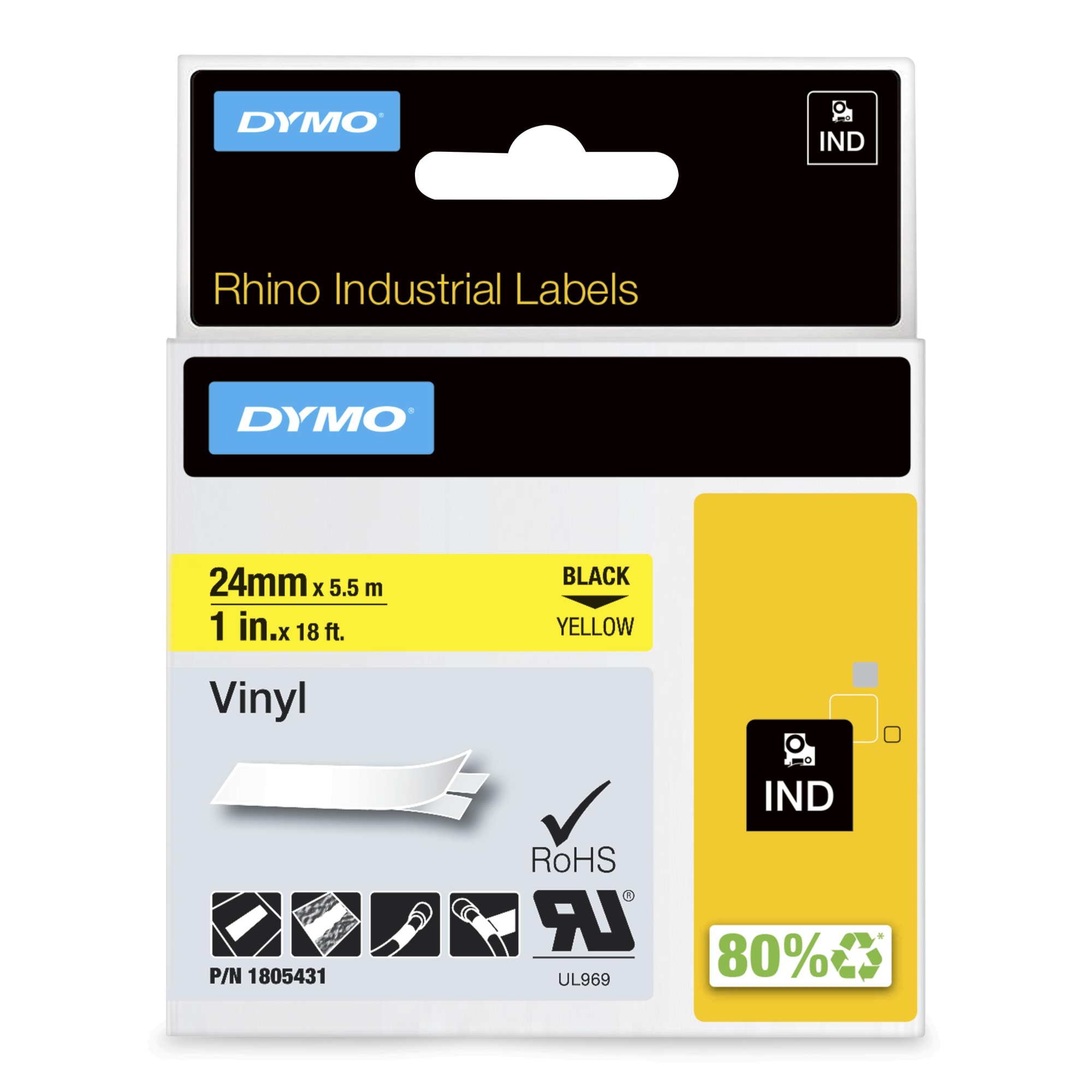 Rhino Etiquetas industriales de vinilo | 24 mm x 5,5 m | Impresión en negro sobre amarillo | Autoadhesivas | Para rotuladoras LabelManager y Rhino