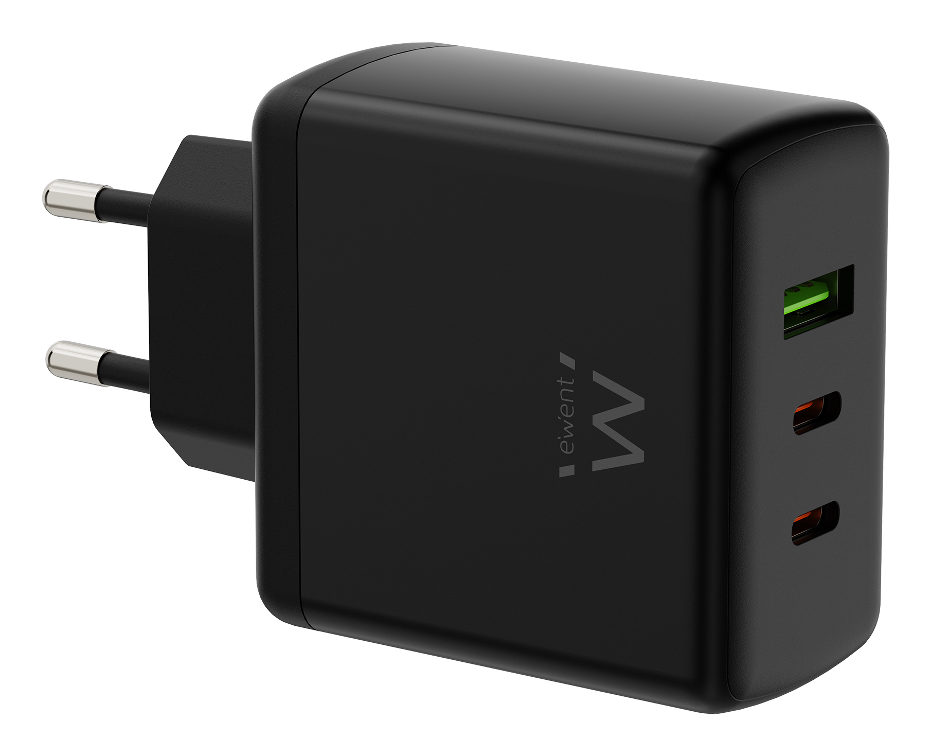 Cargador rápido GaN de 65W con 3 puertos (2 USB-C PD y 1 USB-A QC), diseño compacto