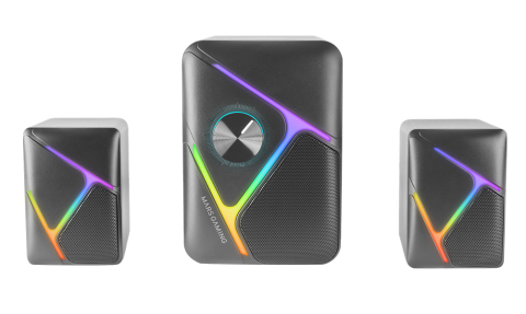 MS-H21, Altavoces Gaming RGB 2.1 y Subwoofer 35W, Sistema Drivers Invertidos 3D Surround, Altavoces Compactos con Iluminación Dinámica RGB, Alimentación USB y Conector Jack 3.5mm, Negro