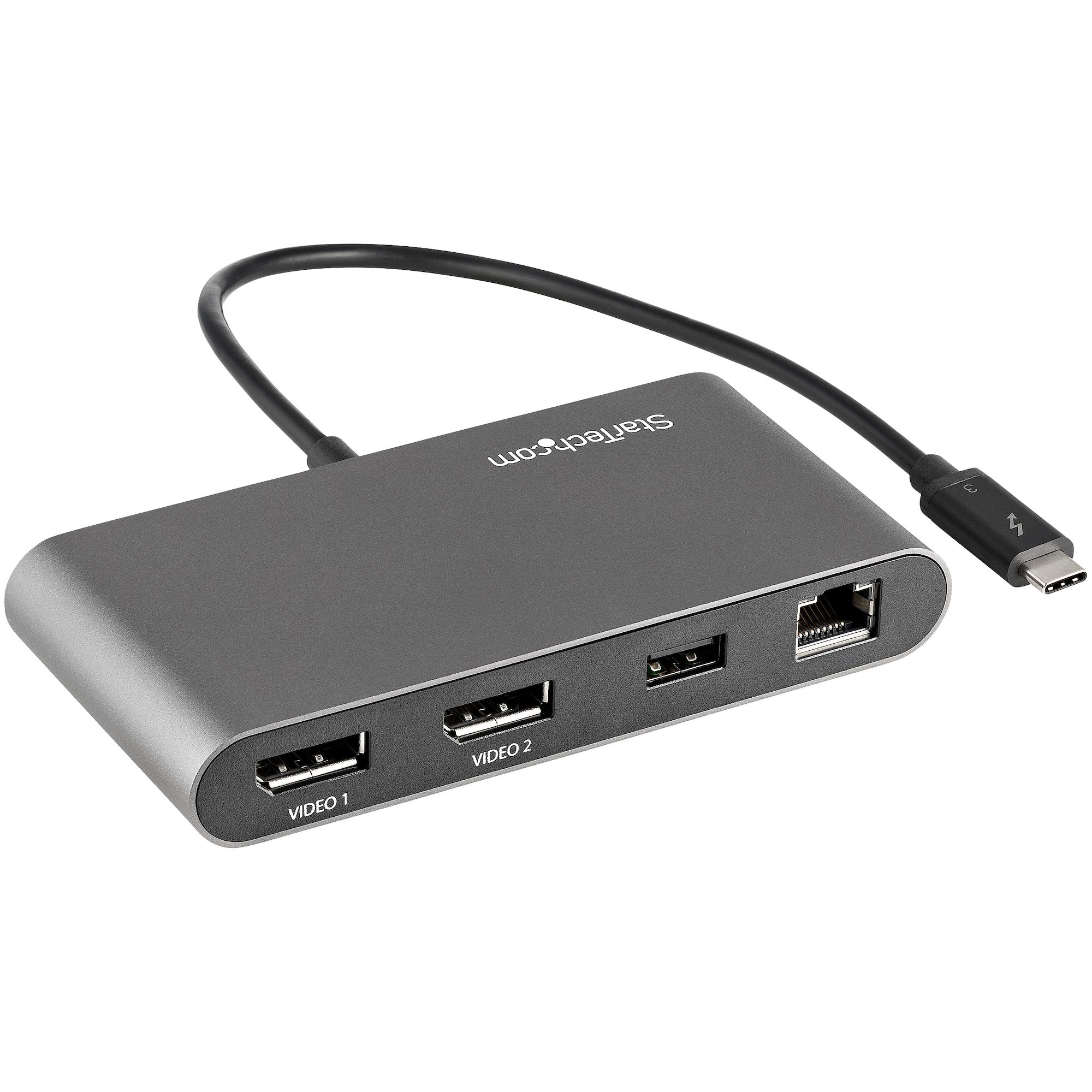 Mini Dock Thunderbolt - Docking Station Portátil para 2 Monitores con DP 4K 60Hz, 1x Hub USB-A (USB 5 Gbps), GbE - Cable de 28cm - Adaptador Multipuertos TB Mac/Windows sin Controladores