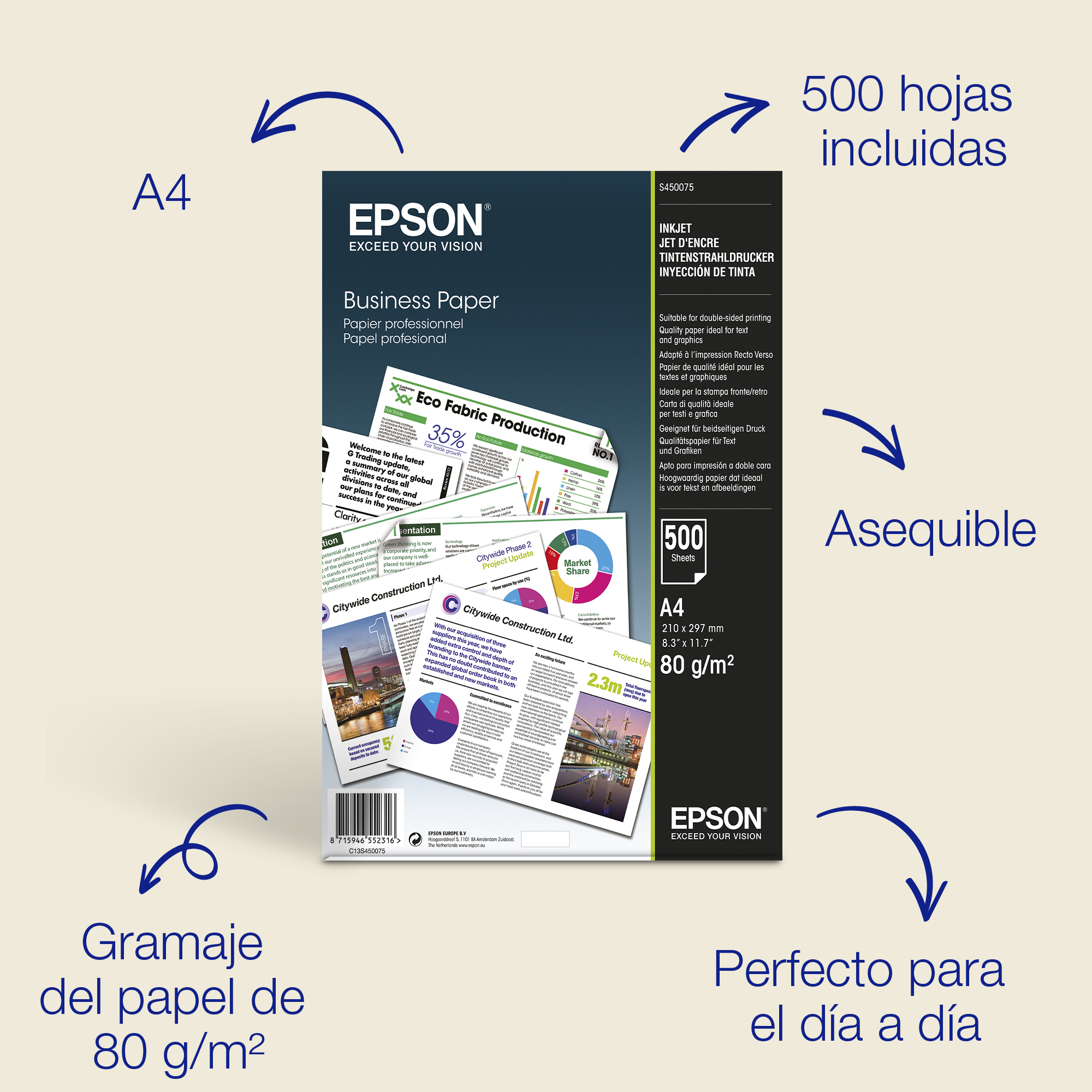 Papel Business Inkjet A4 de , 80 g/m2, 500 hojas