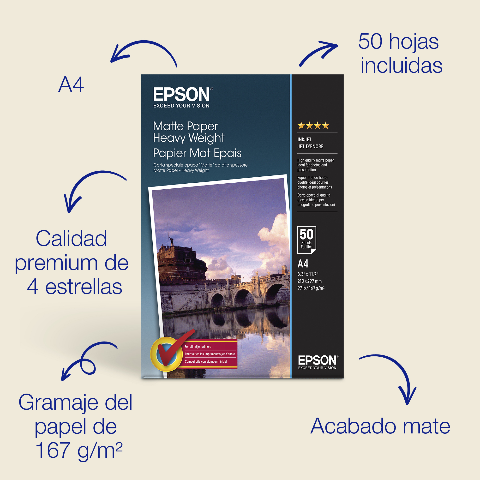 Papel mate A4 de , 167 g/m2, 50 hojas