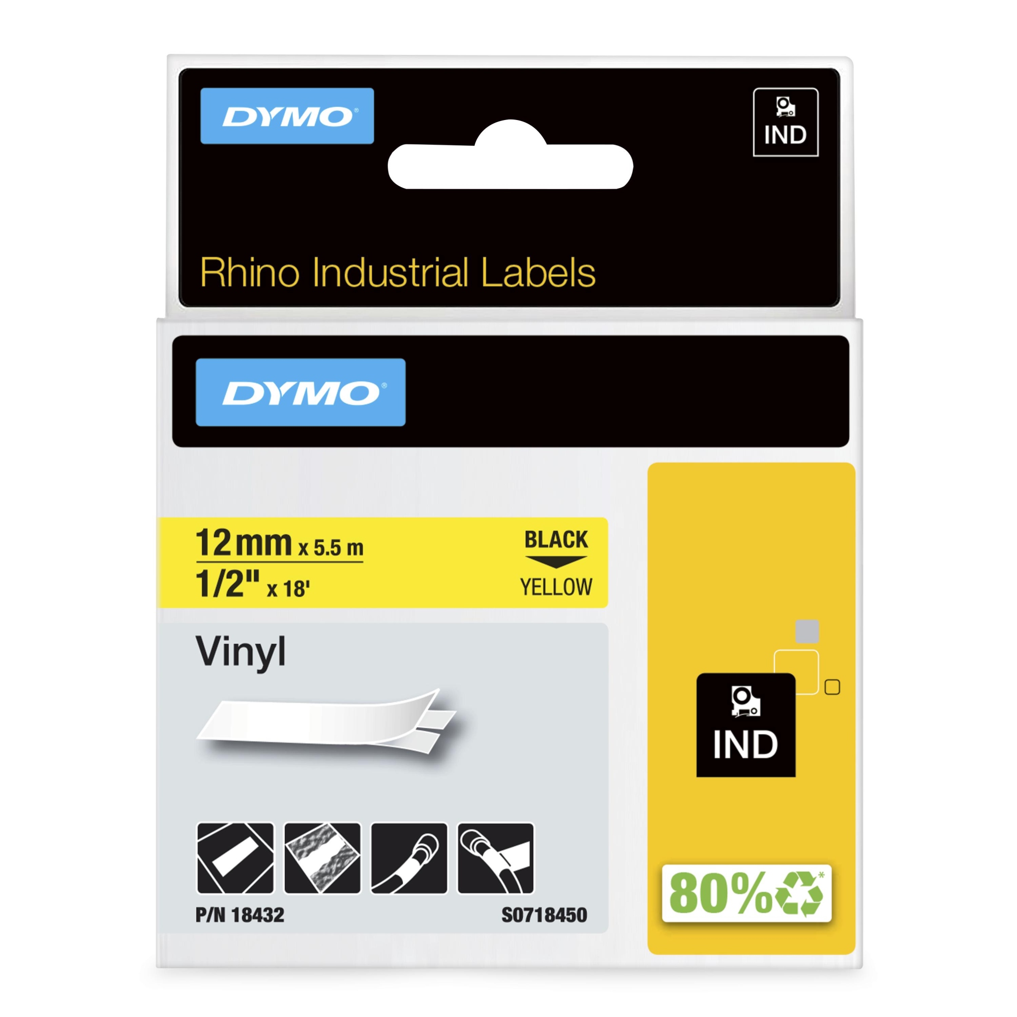 Rhino Etiquetas industriales de vinilo | 12 mm x 5,5 m | Impresión en negro sobre amarillo | Autoadhesivas | Para rotuladoras Rhino y LabelManager