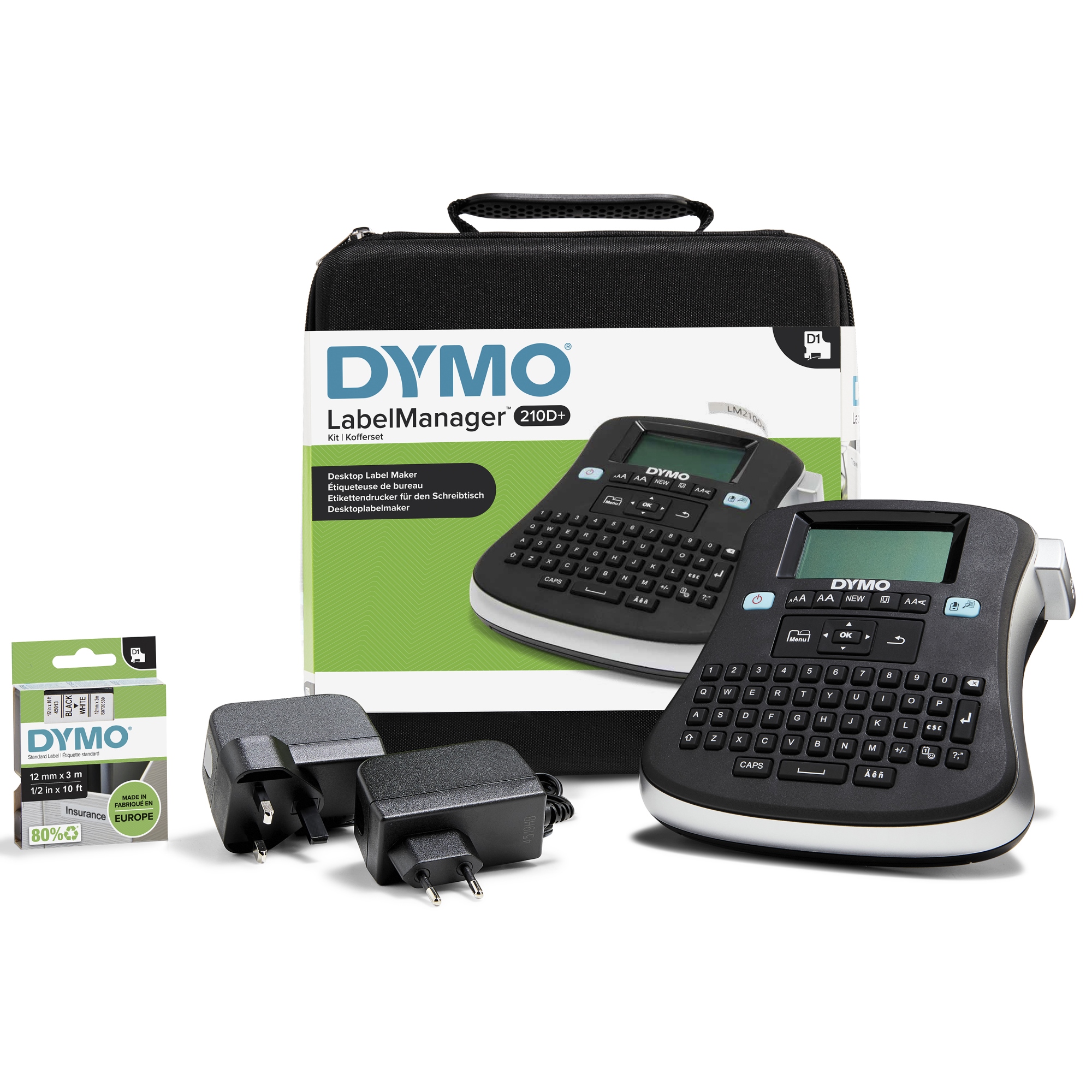 LabelManager 210D+ kit de de etiquetadora portátil | impresora de etiquetas con teclado QWERTY | con etiquetas D1 de 12 mm de impresión negra sobre fondo blanco y maletín de transporte