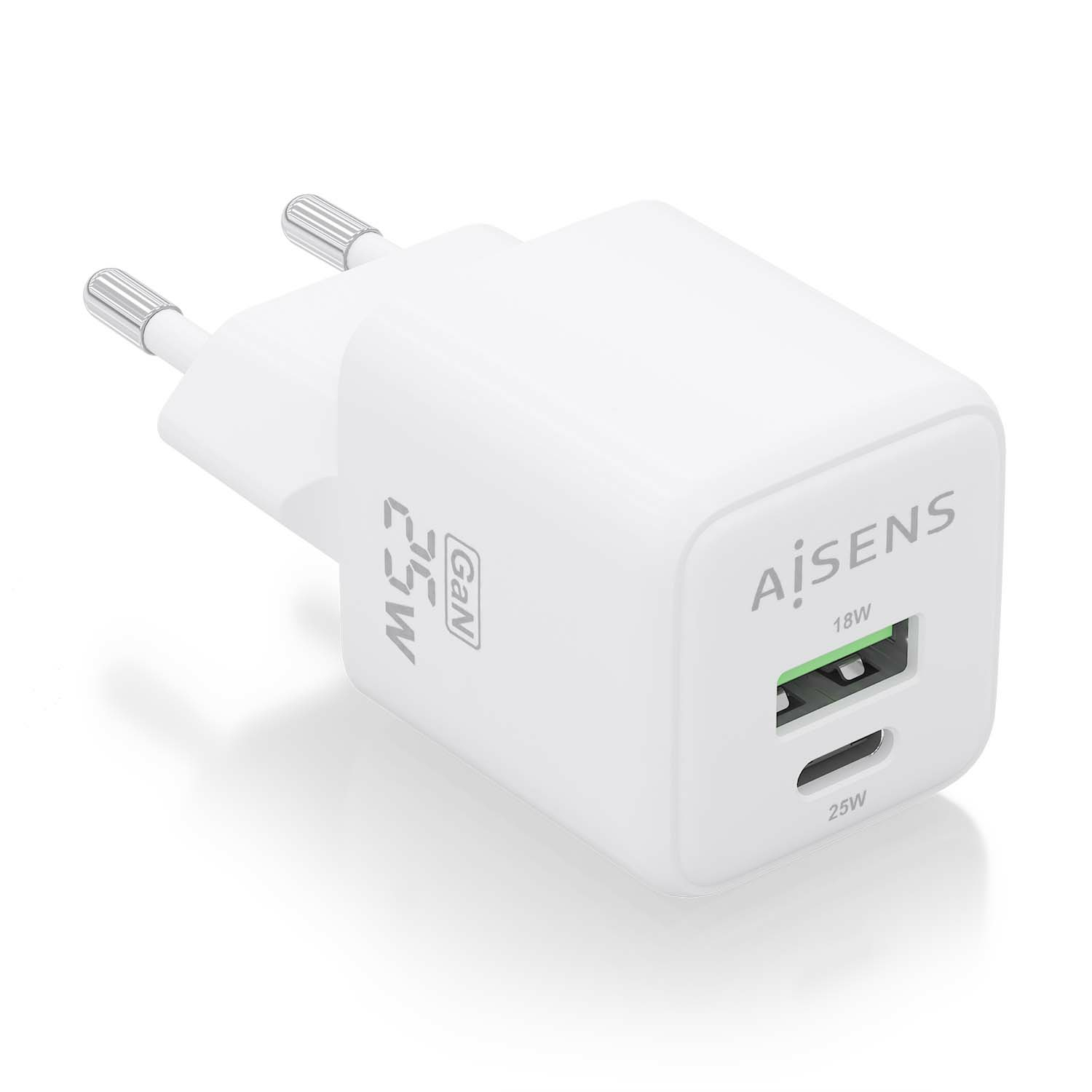 Cargador GaN 25W, 1xUSB-C PD3.0 QC4.0, 1xUSB-A QC3.0, Blanco