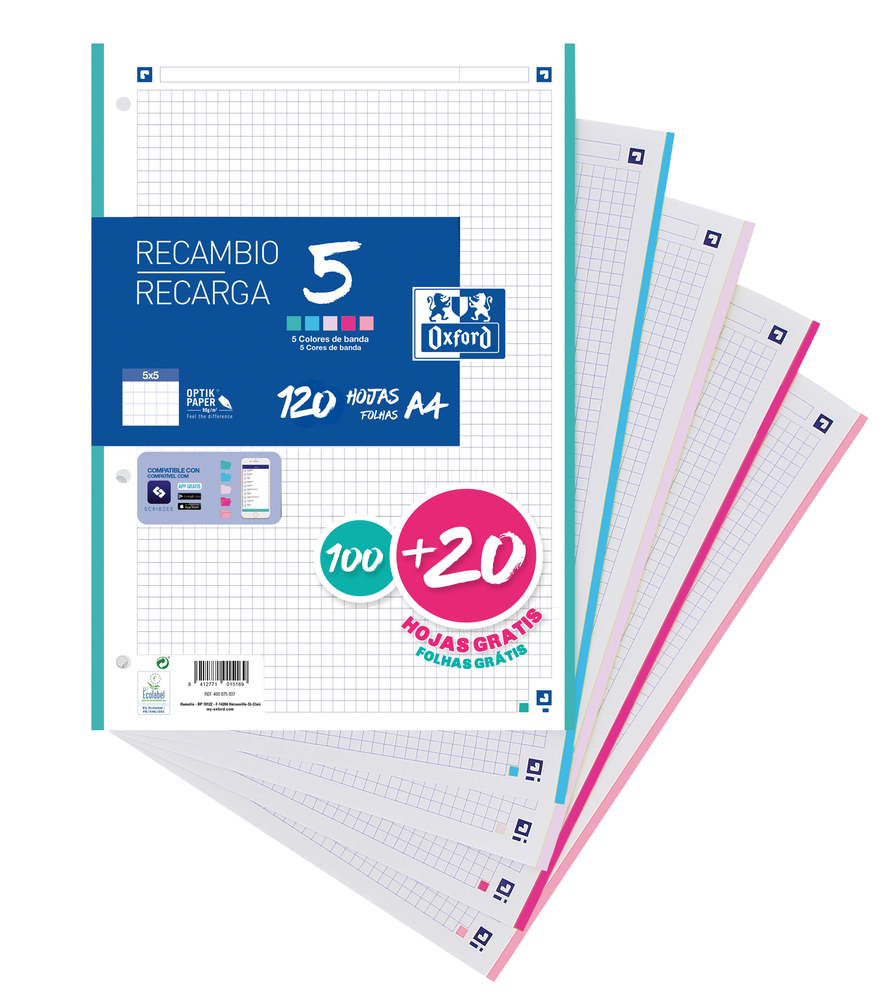 RECAMBIO CLASSIC 100H + 20H GRATIS A4 SUELTAS 90GR 5X5MM 4 TALADROS 5 BANDAS COLORES PASTEL