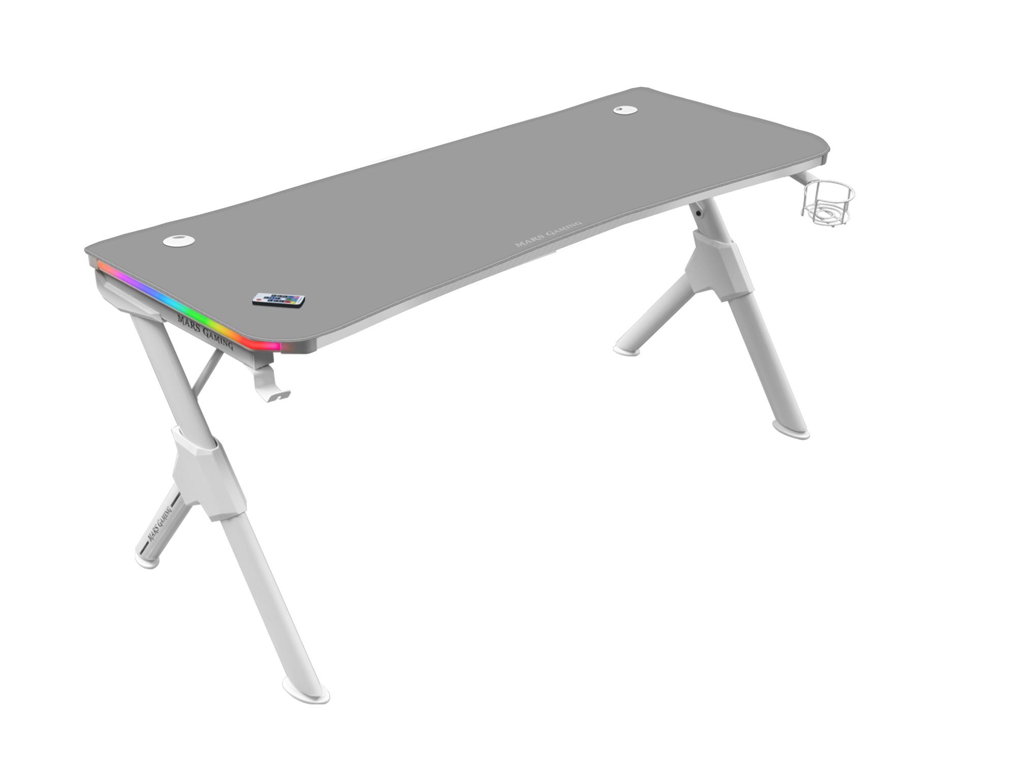 MGD140RGB, Mesa Ergonómica Gaming RGB, Soporte Auriculares y Bebida, Alfombrilla Ratón, 140x60cm, Blanco