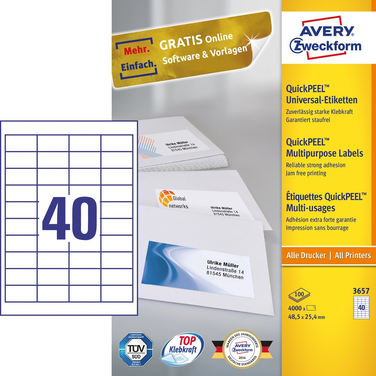 3657 etiqueta autoadhesiva Rectángulo Permanente Blanco 4000 pieza(s)