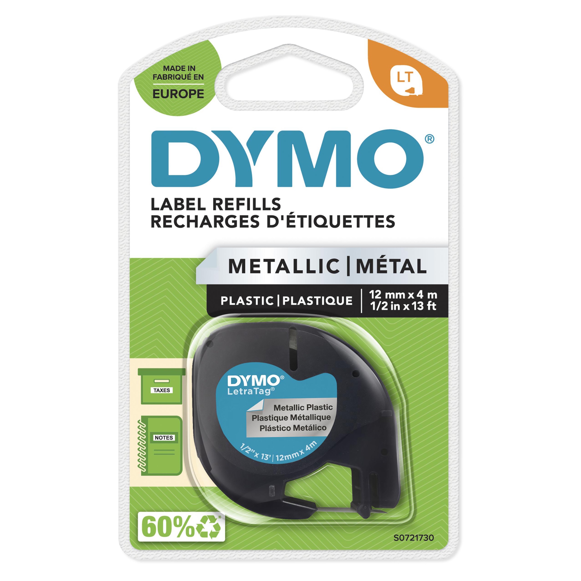 LT etiquetas metálicas auténticas | Negro sobre plata | 12 mm x 4m | para las etiquetadoras LetraTag | autoadhesivo