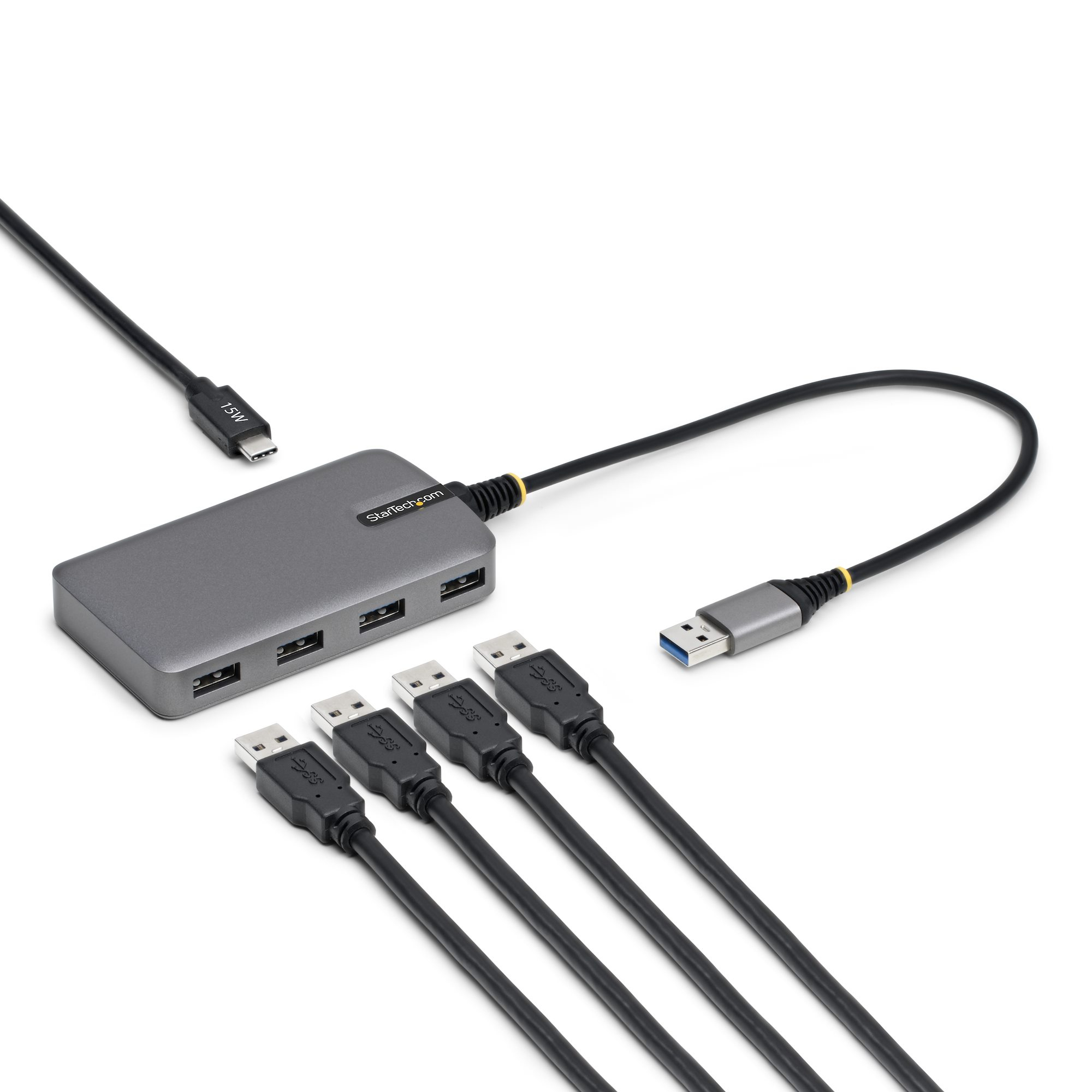 Hub USB-A de 4 Puertos - Ladrón USB USB-A - USB-A a 4x USB-A - Concentrador USB 3.0 Portátil de 5Gbps - Alimentado por el Bus - Salida Auxiliar de Alimentación USB Tipo C - Cable de 30cm