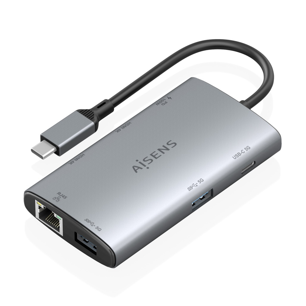 USB-C Dock 7 en 1, USB-C a 2xHDMI 4K, 1xRJ45, 2xUSB-A USB3.0, 1xUSB-C, 1xUSB-C PD100W, Gris, 20cm