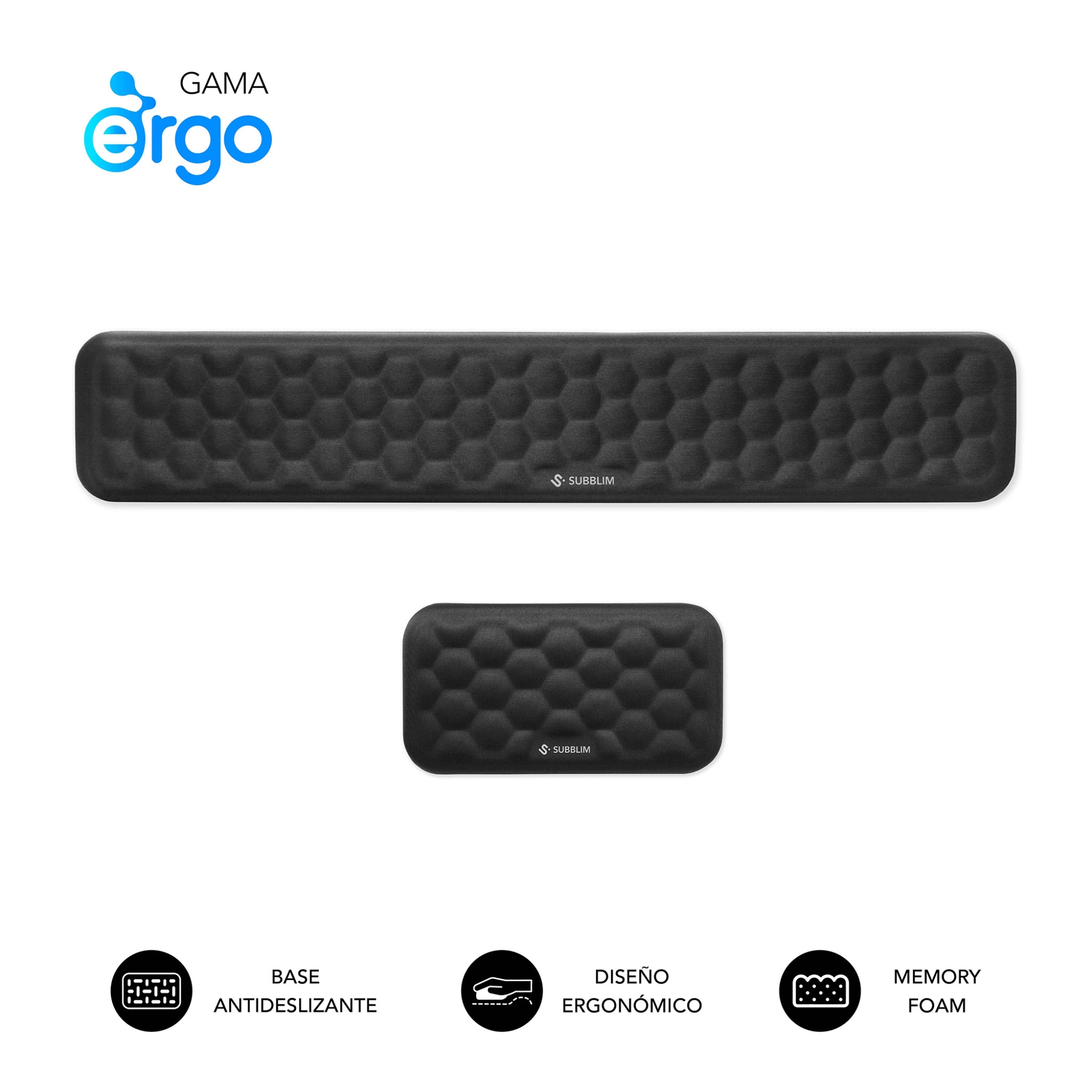 Pack ERGO AIRPADDING Negro, Reposamuñecas Teclado + Ratón, Espuma viscoelástica 65 D, Tejido AirMesh transpirable, Base antideslizante, Diseño ergonómico para oficina y gaming