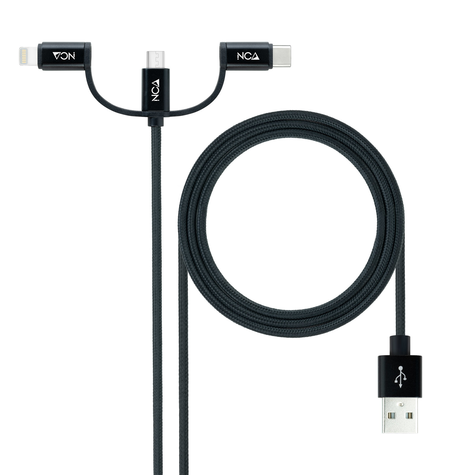 Cable USB 3 en 1 Carga/Datos USB-A a USB-C/Micro USB/Lightning 1 m, Negro