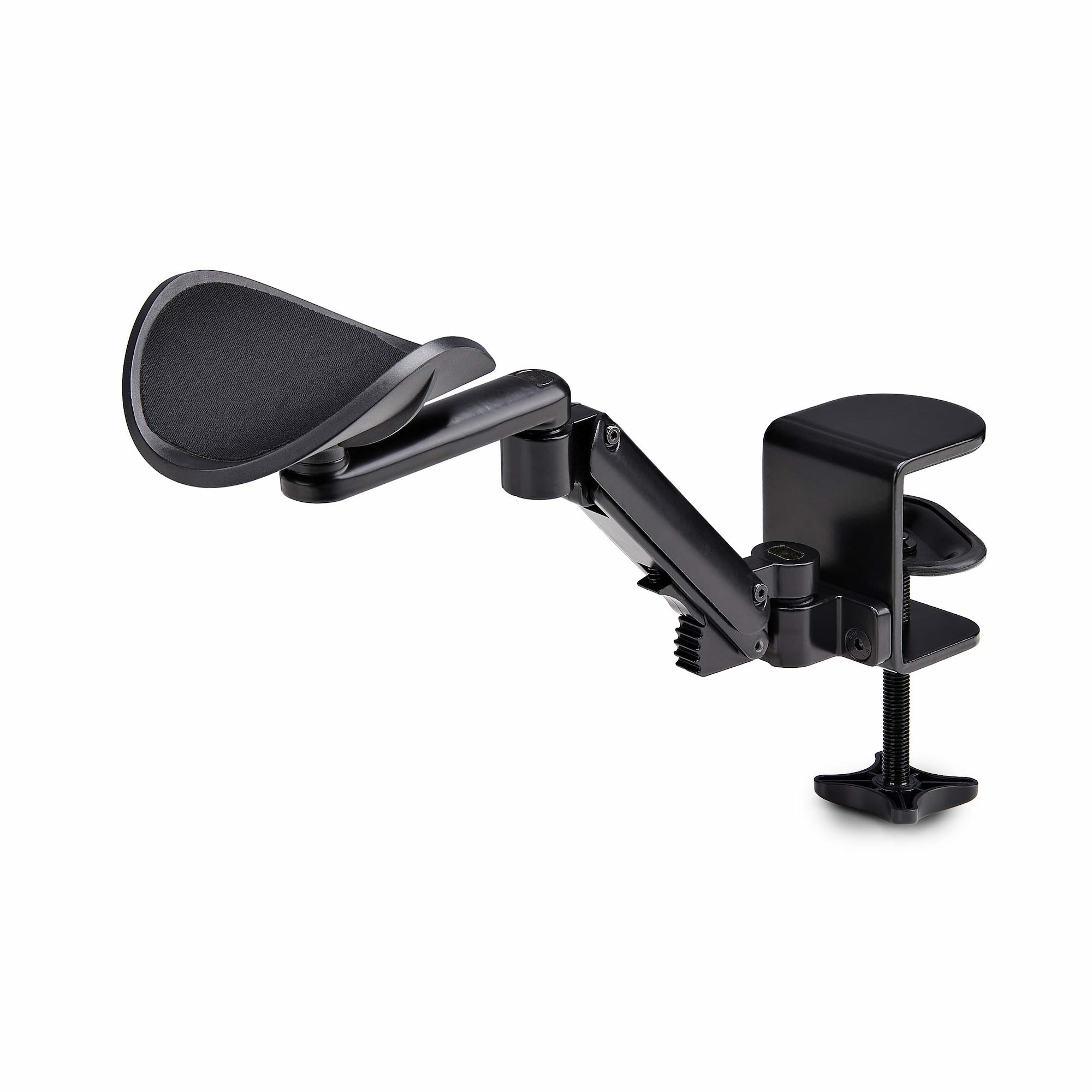 Apoyabrazos Ajustable para Escritorio de Oficina - Reposabrazos de Rotación de 360 Grados - Instalación con Mordaza - sin Perforaciones - Ergonómico - Negro