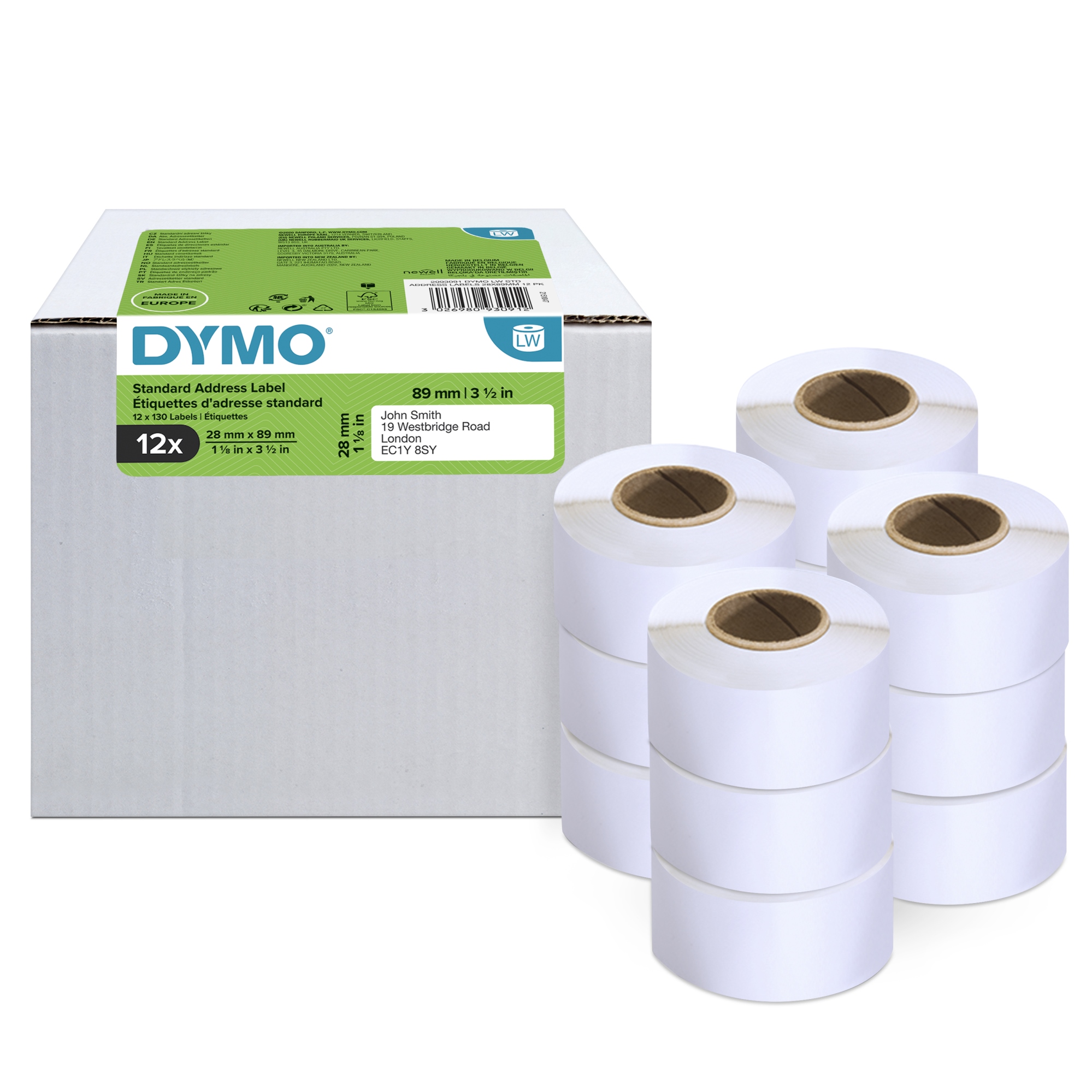 LW etiquetas de dirección auténticas | 28 mm × 89 mm | 12 rollos de 130 etiquetas con reverso fácil de retirar (1560 unidades) | autoadhesivas | para etiquetadoras LabelWriter