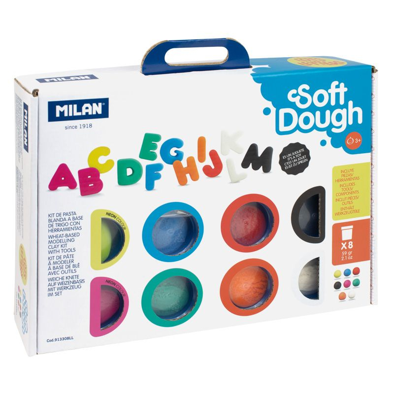 Maletín 8 botes 59 g pasta blanda Soft Dough con herramientas "Abecedario"