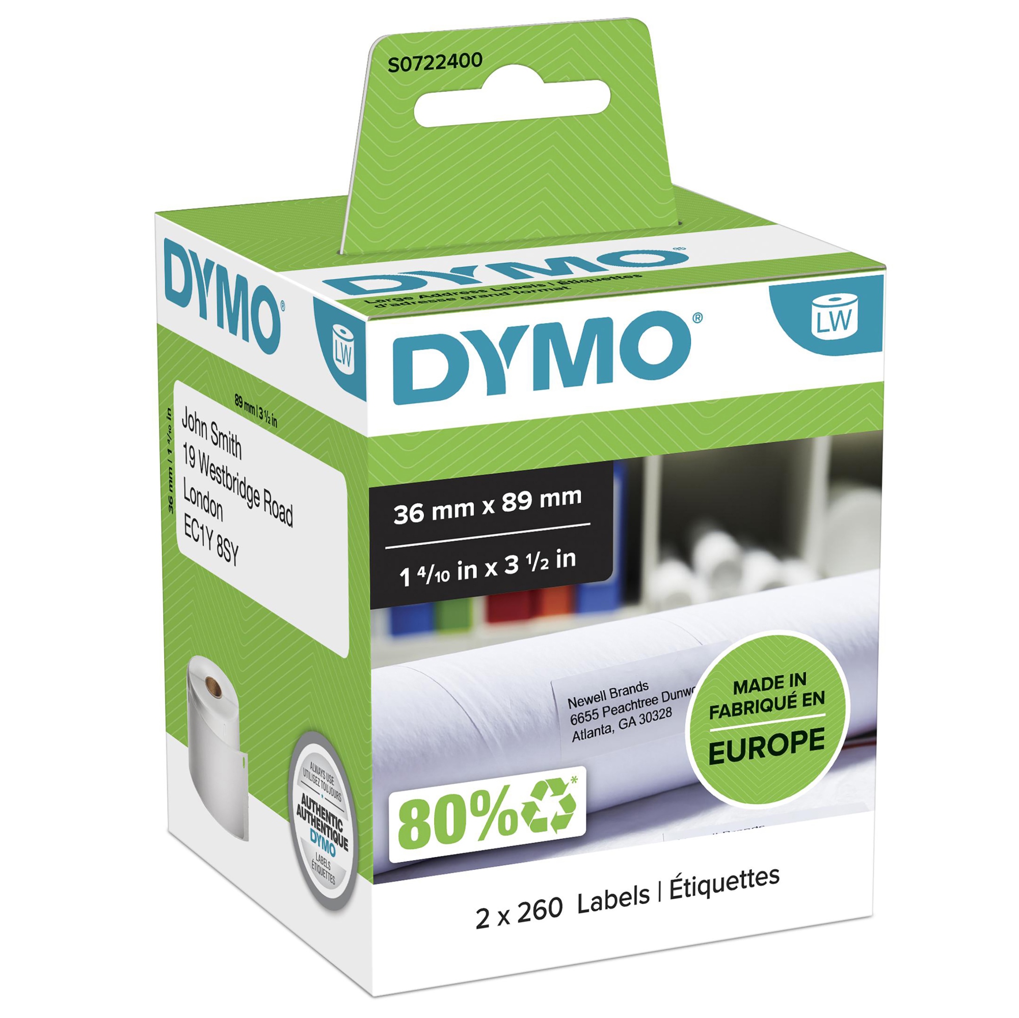 LW etiquetas auténticas de dirección grandes | 36 mm × 89 mm | negro sobre blanco | 2 rollos de 260 etiquetas (520 etiquetas autoadhesivas) | para etiquetadoras LabelWriter