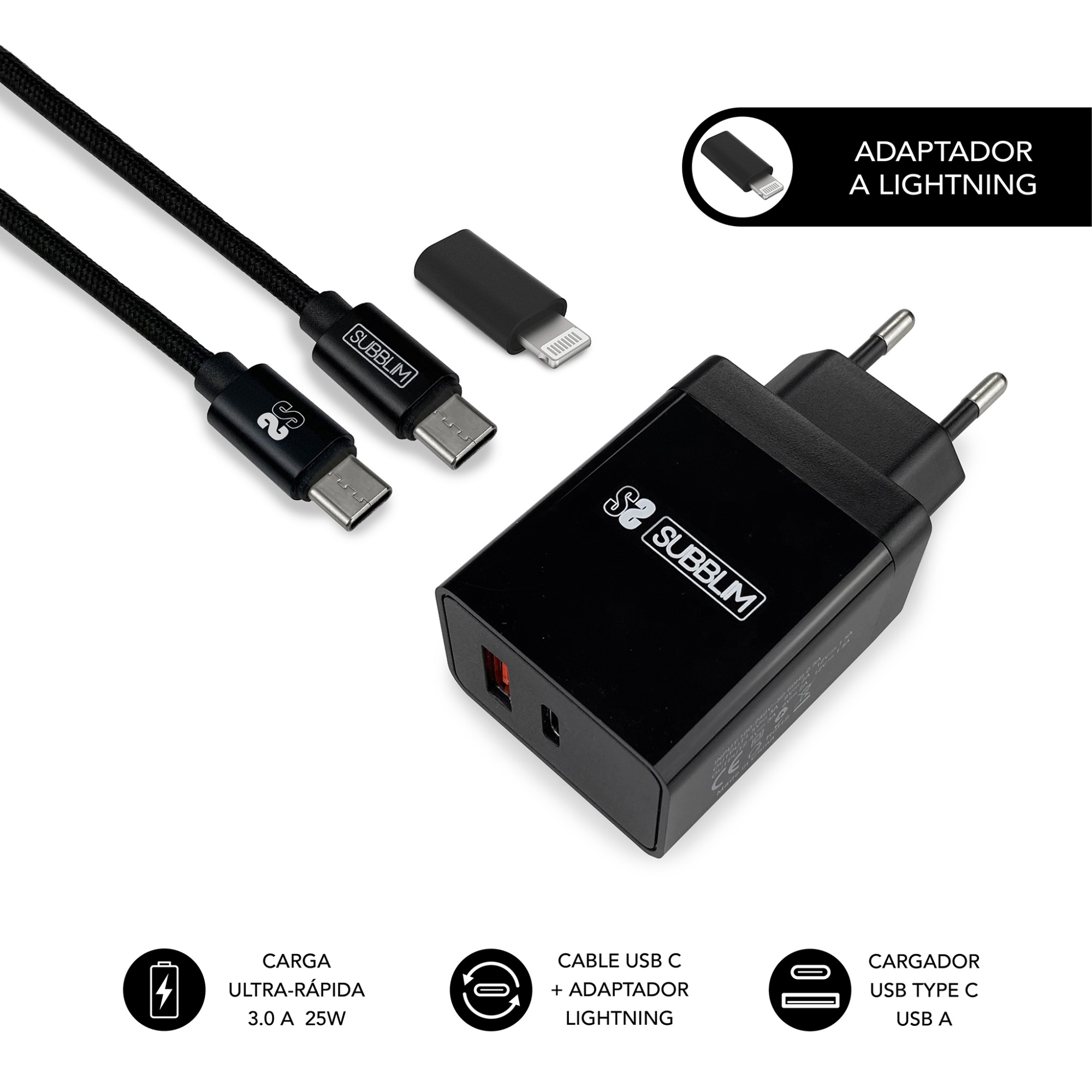 CARGADOR ULTRA RAPIDO 2xUSB DE PARED PD25W+QC3.0+Cable C to C y lightning Negro
