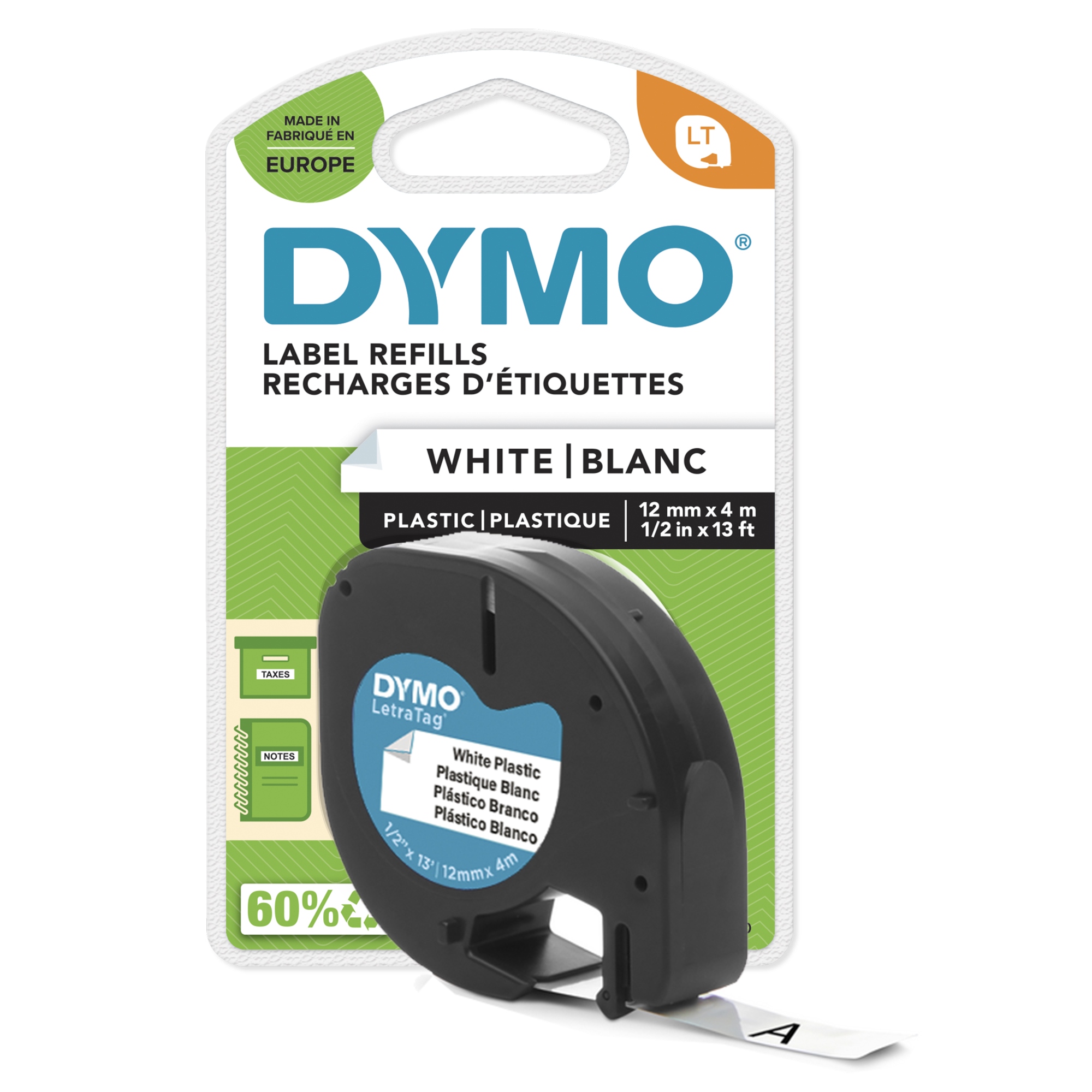 LT plástico etiquetas auténticas | Negro sobre blanco | 12 mm x 4m | para las etiquetadoras LetraTag | autoadhesivo
