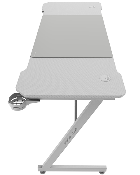 MGD-X160, Mesa Gaming Ergonómica, Superficie en Fibra de Carbono, Estructura Metálica, Alfombrilla XXL, Soporte Auriculares y Bebida, Gestión Cableado, Escritorio Gaming 160x60cm, Blanco