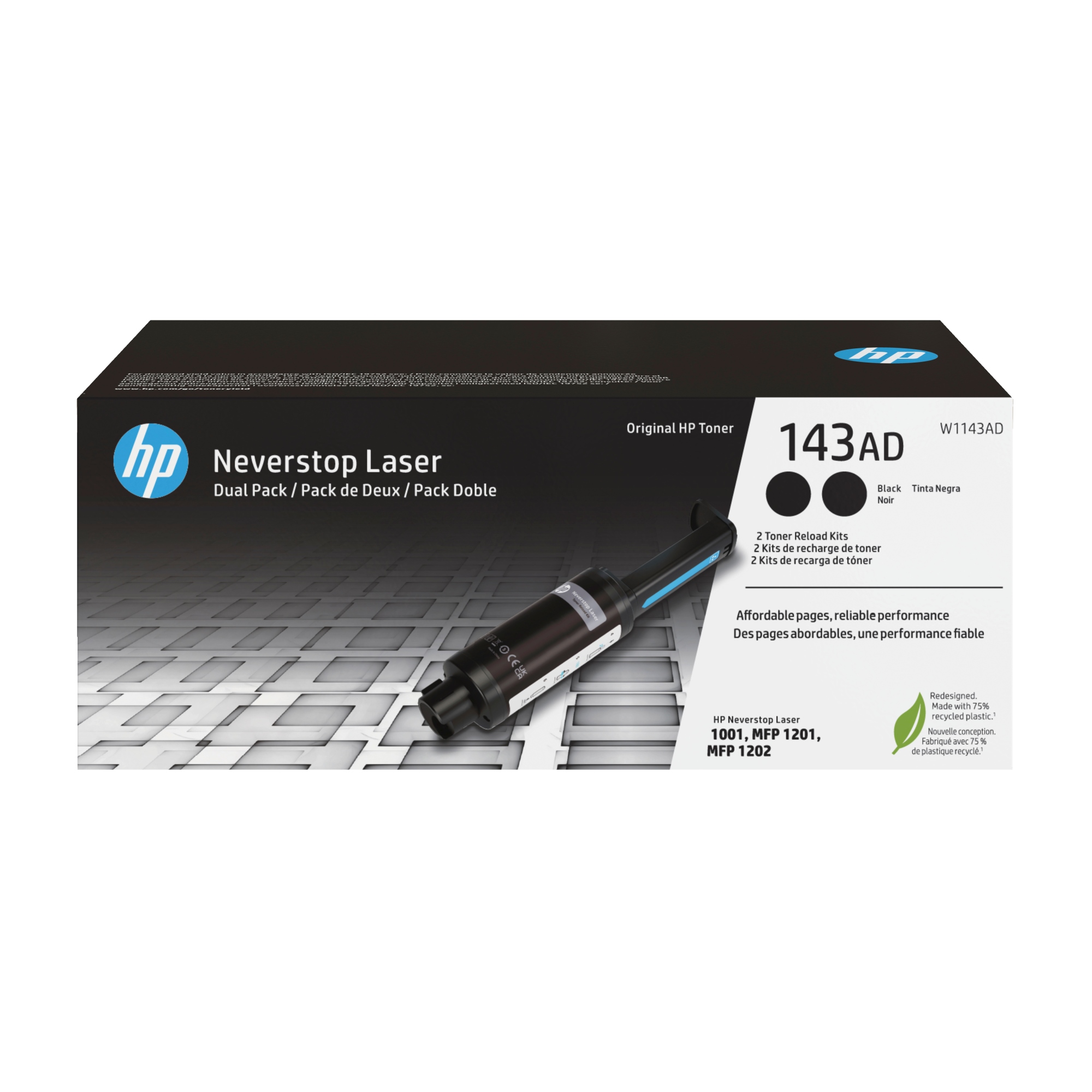 Kit de dos paquetes de recarga de tóner Original Neverstop 143AD negro