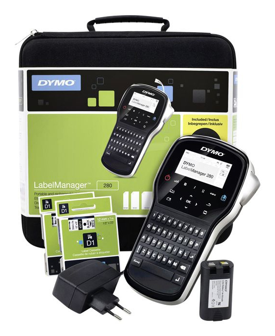 LabelManager 280 kit de etiquetadora | Impresora de etiquetas portátil y recargable | teclado QWERTY | con 2 rollos de etiquetas D1 y maletín de transporte