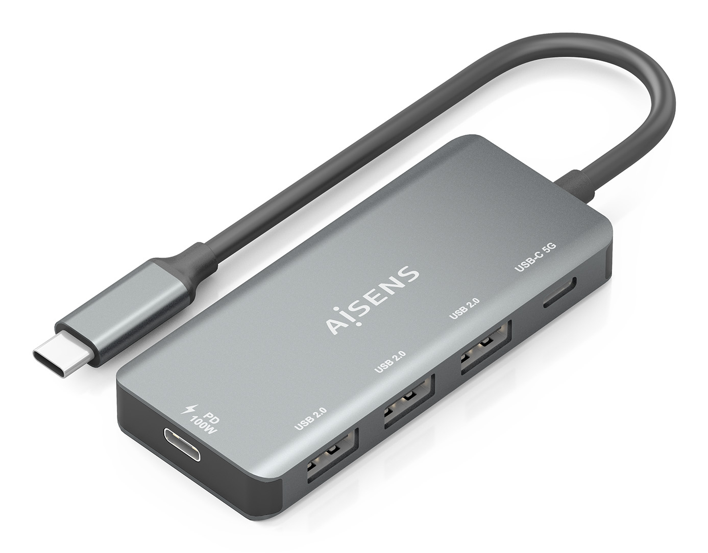 Hub USB 3.1 USB-C, USB-C/M-1xUSB-C PD 100W+1xUSB-C USB3.0/H+3xUSB-A USB2.0/H, Gris, 15cm
