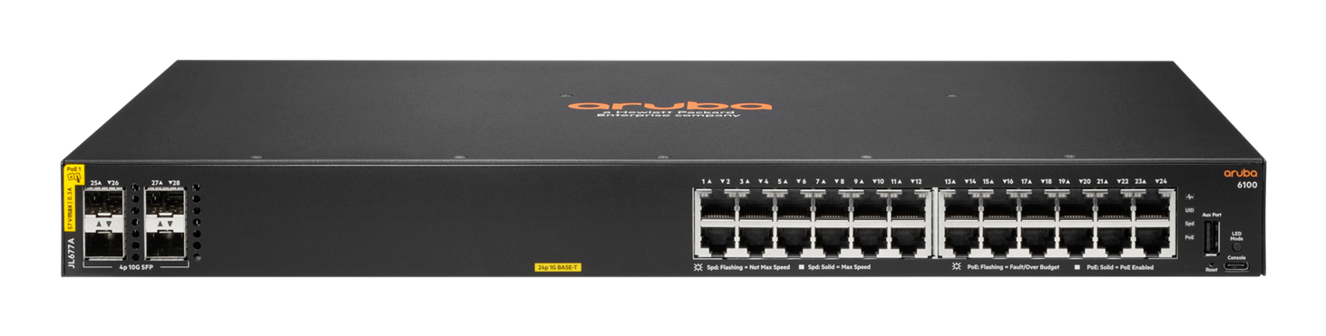 Aruba Networking CX 6100 24G Class4 PoE 4SFP+ 370W Gestionado L3 Gigabit Ethernet (10/100/1000) Energía sobre Ethernet (PoE) 1U Negro