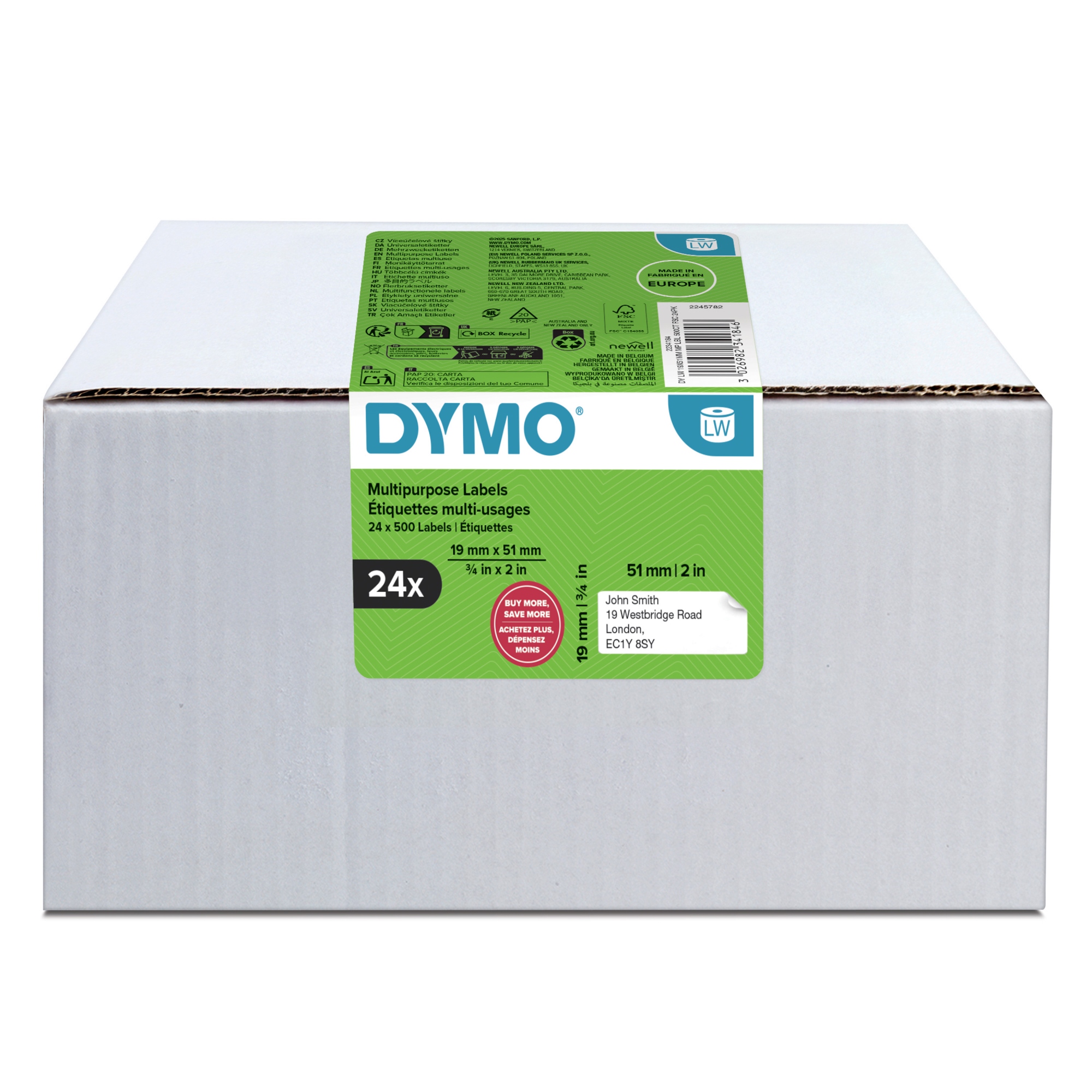LW etiquetas auténticas multiusos/de dirección del remitente | 19 mm × 51 mm |24 rollos de 500 etiquetas con reverso fácil de retirar (12.000 unidades) | para etiquetadoras LabelWriter