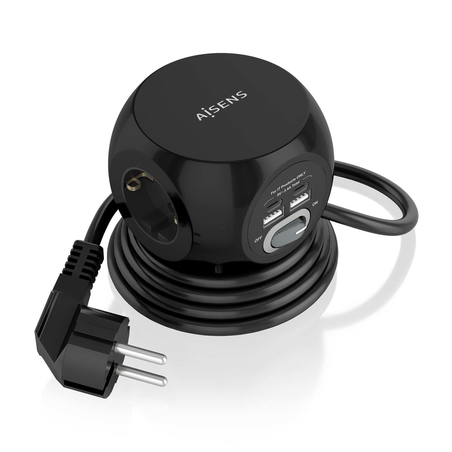 Regleta de Enchufes Sobremesa Multifuncion con 3 Tomas + 2xUSB-C, 2xUSB-A, 1.4M, Negro