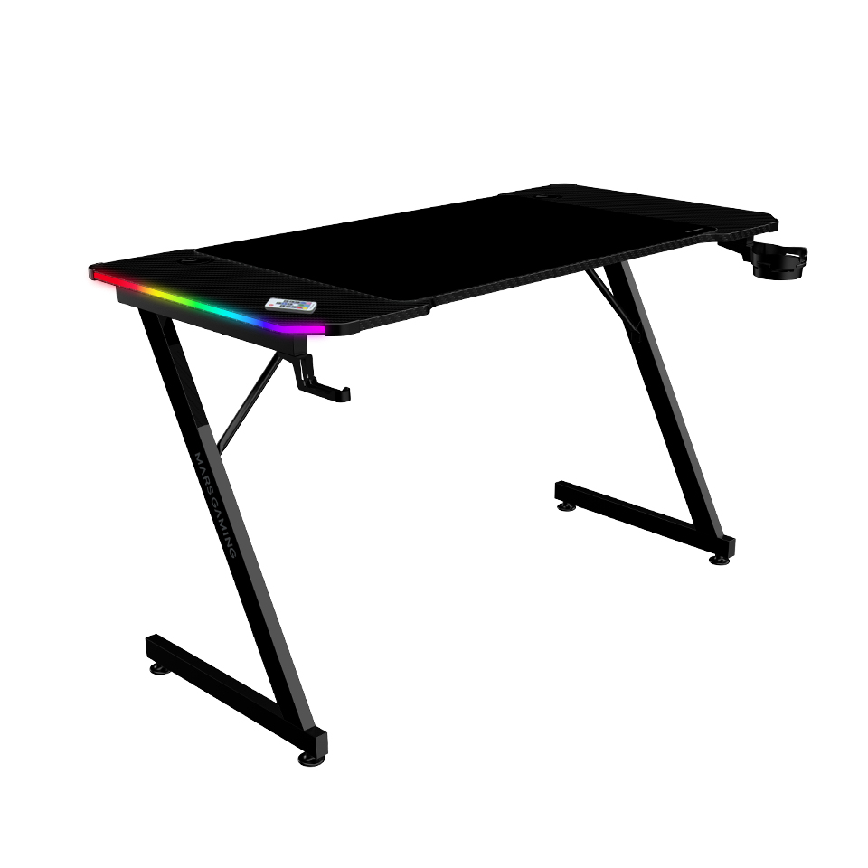 MGD-X120RGB, Mesa Gaming Ergonómica, Iluminación ARGB con Mando, Fibra de Carbono, Alfombrilla XXL, Soporte Auriculares y Bebida, Gestión Cableado, Escritorio Gaming 120x60cm, Negro