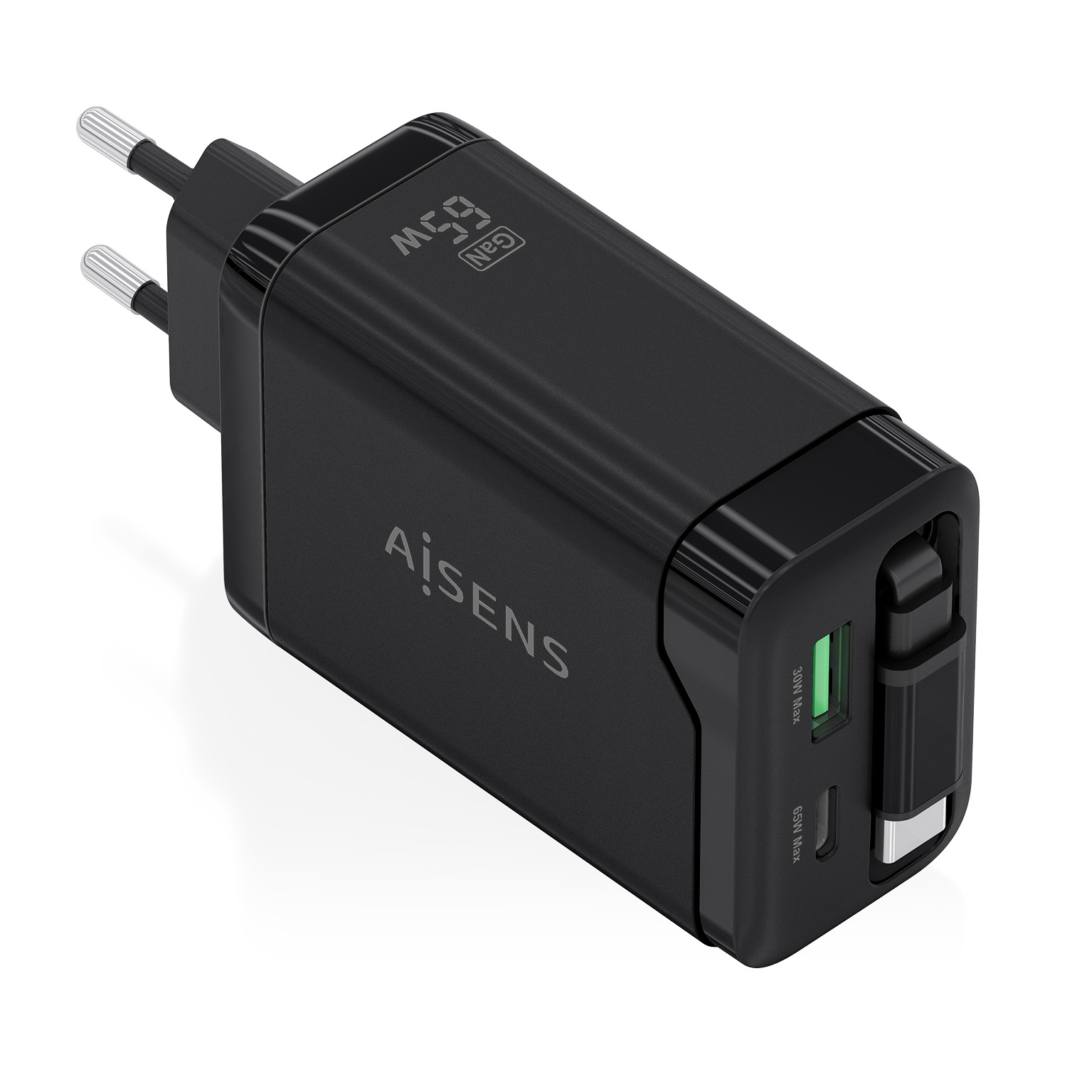 Cargador GaN 65W, 1xUSB-C Cable Retractil, 1xUSB-C PD3.0, 1xUSB-A QC3.0, Negro