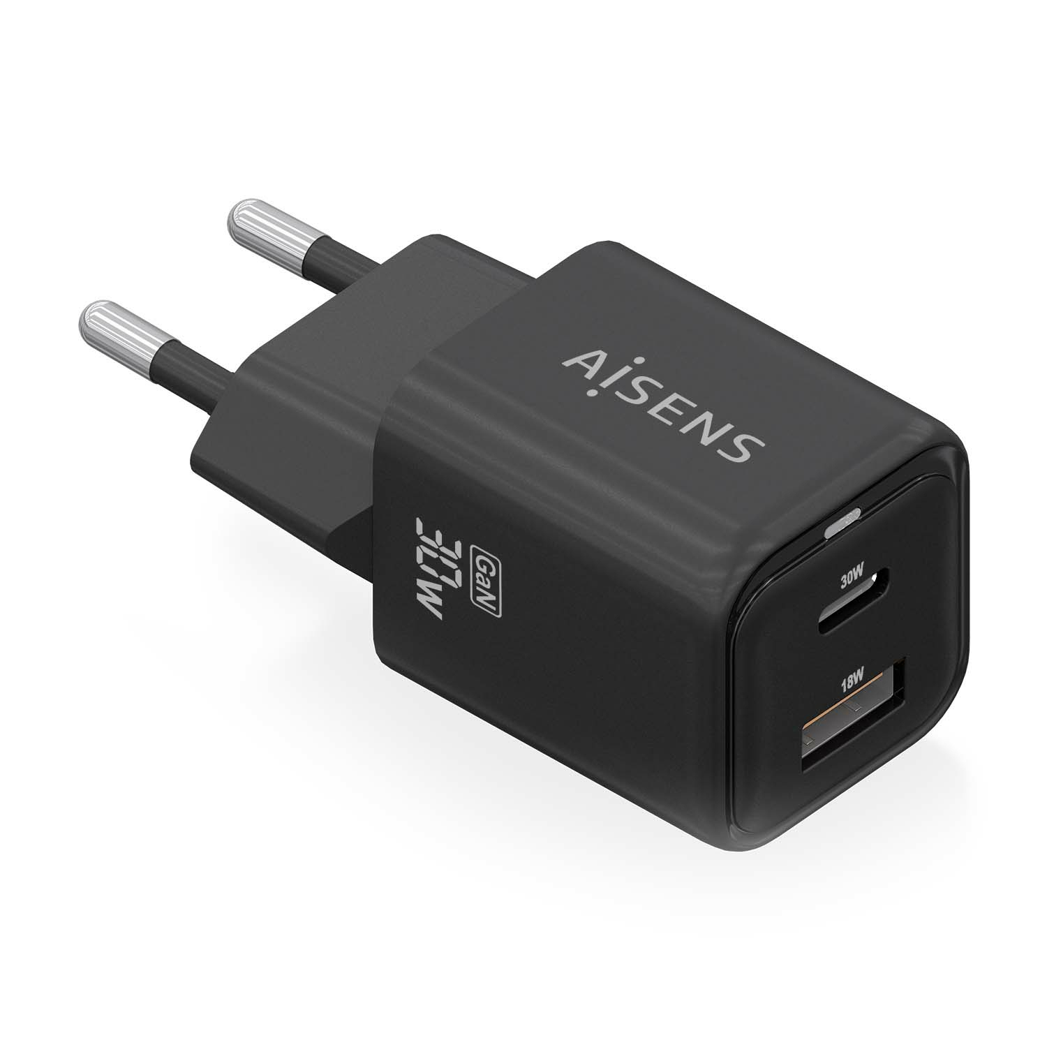 Cargador Gan 30W, 1xUSB-C PD3.0 QC4.0, 1xUSB-A QC3.0, Negro