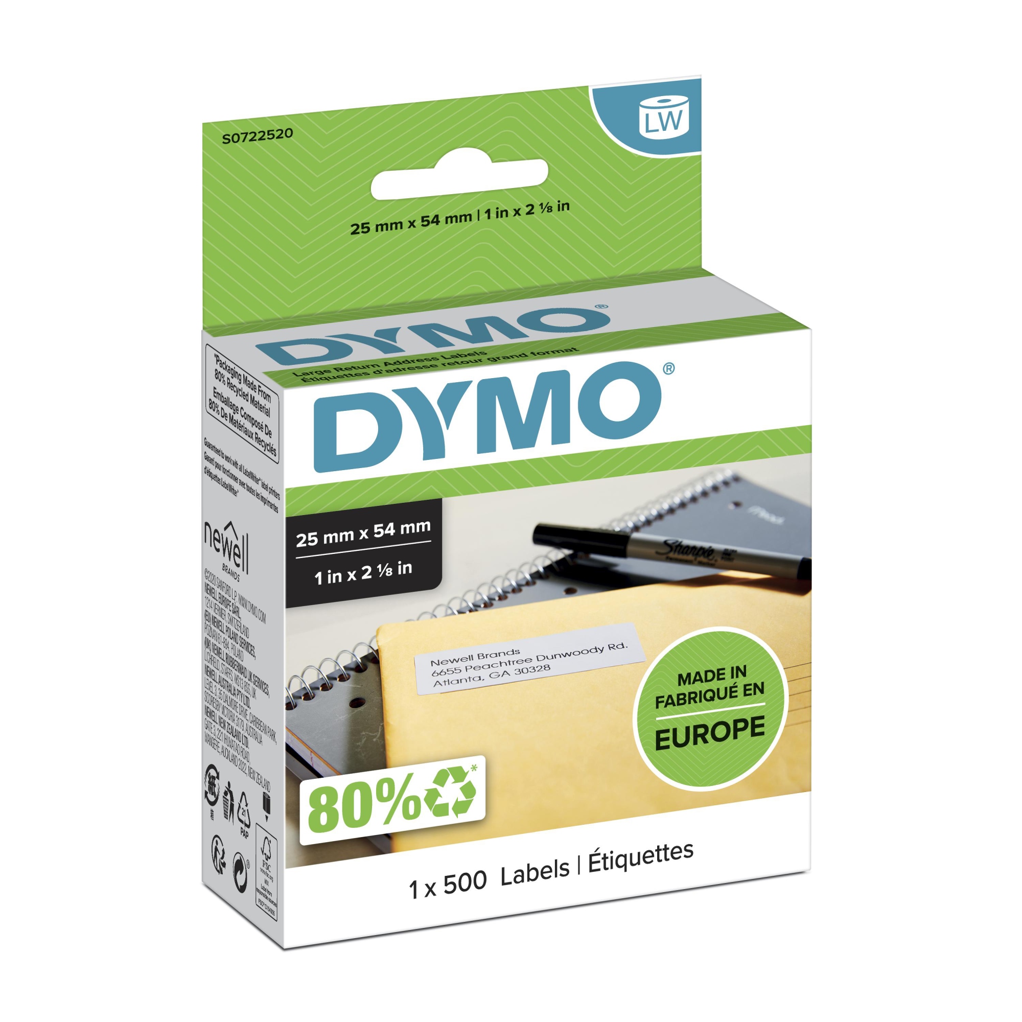 LW etiquetas auténticas de dirección del remitente | 25 mm × 54 mm | rollo de 500 etiquetas con reverso fácil de retirar | autoadhesivas | para etiquetadoras LabelWriter