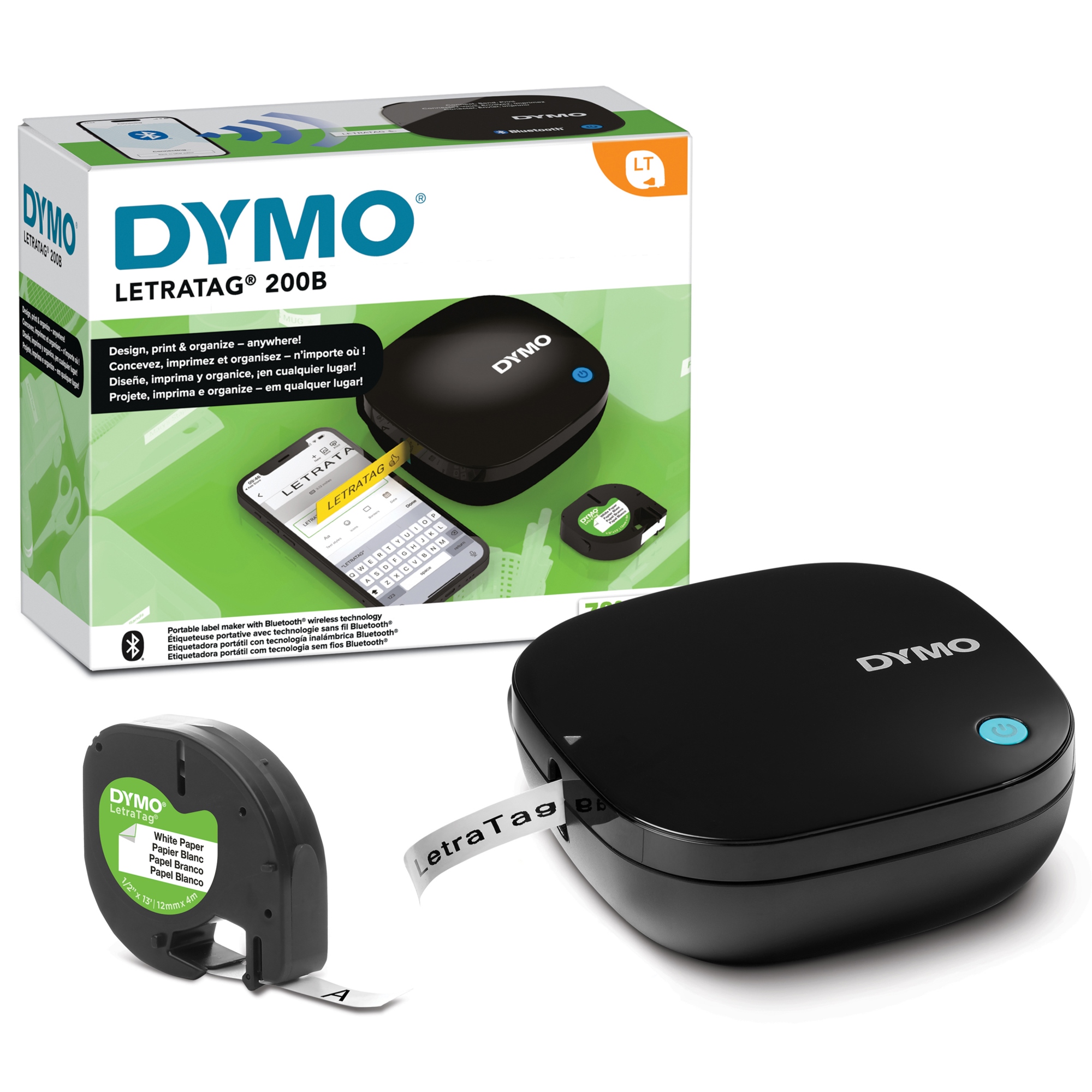 LetraTag 200B Bluetooth Etiquetadora | Impresora de etiquetas compacta | Se conecta mediante tecnología inalámbrica Bluetooth a iOS y Android | Incluye 1 cinta de etiqueta de papel blanco