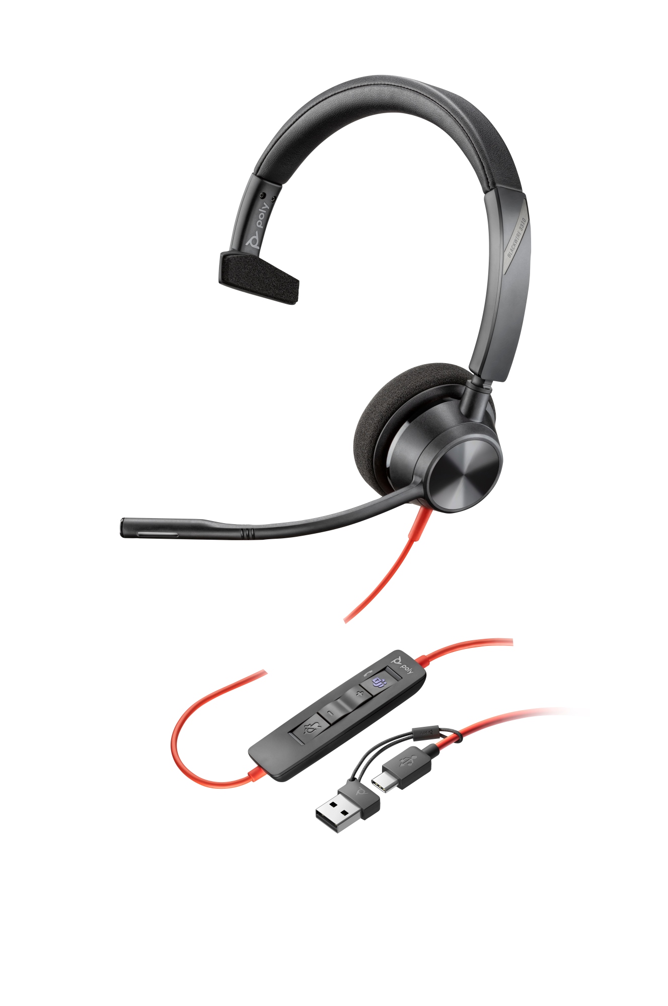Auriculares monoaurales Poly Blackwire 3310 con certificación Microsoft Teams USB-C + Adaptador USB-C/A