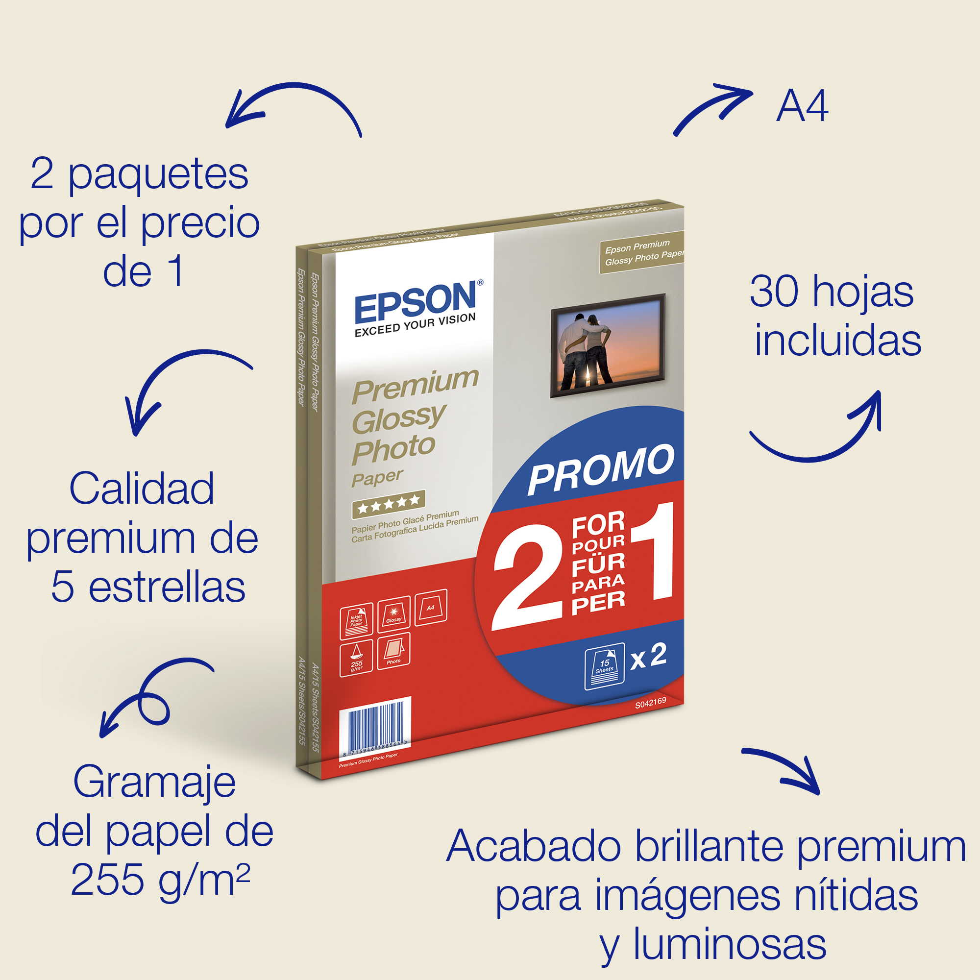 Papel fotográfico brillante Premium A4 de , 255 g/m2, 30 hojas