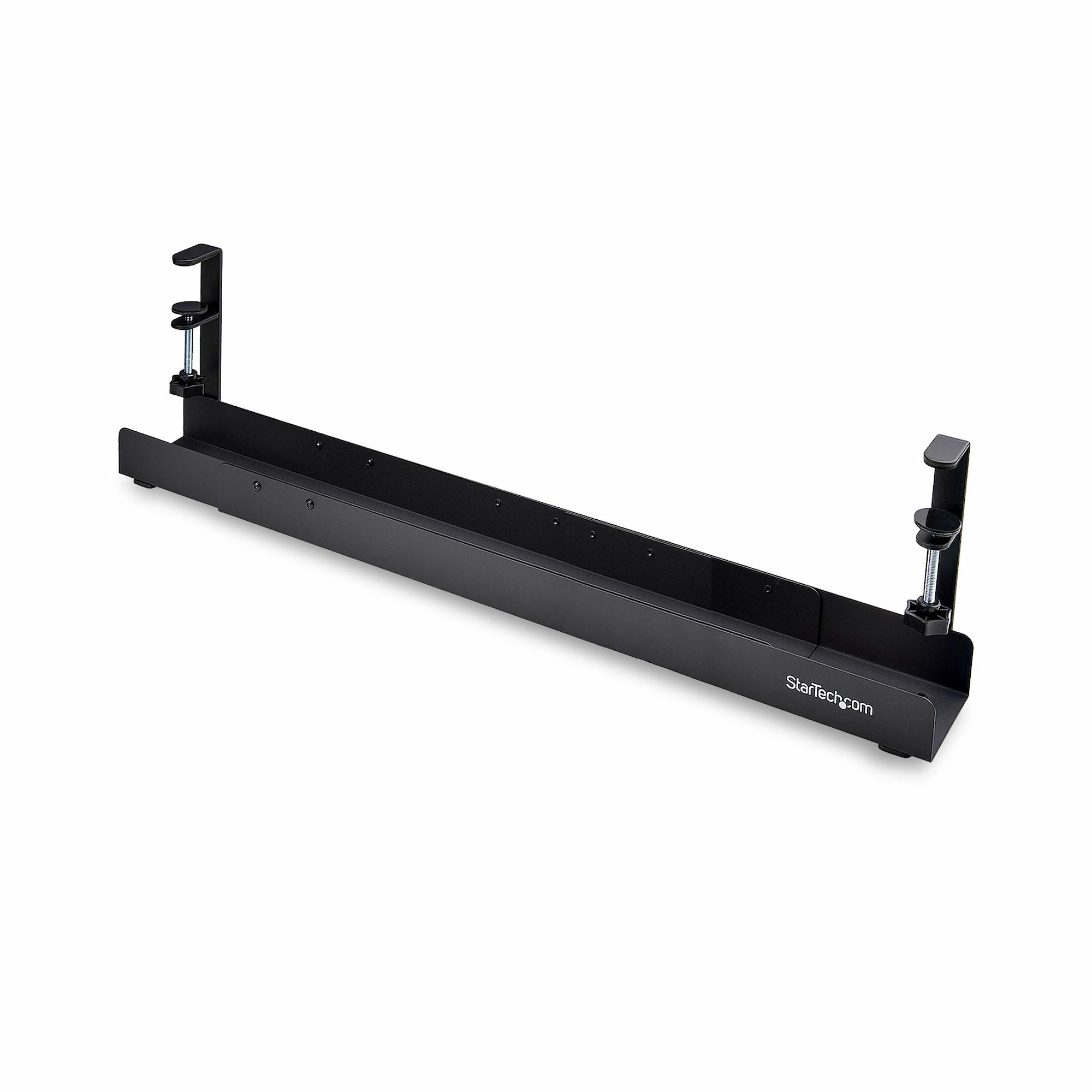 Bandeja Gestionador de Cables Negro - Soporte de Regleta - para Debajo del Escritorio - Ajustable en Longitud - Fijación con Mordaza - Instalación sin Perforaciónes - Negro