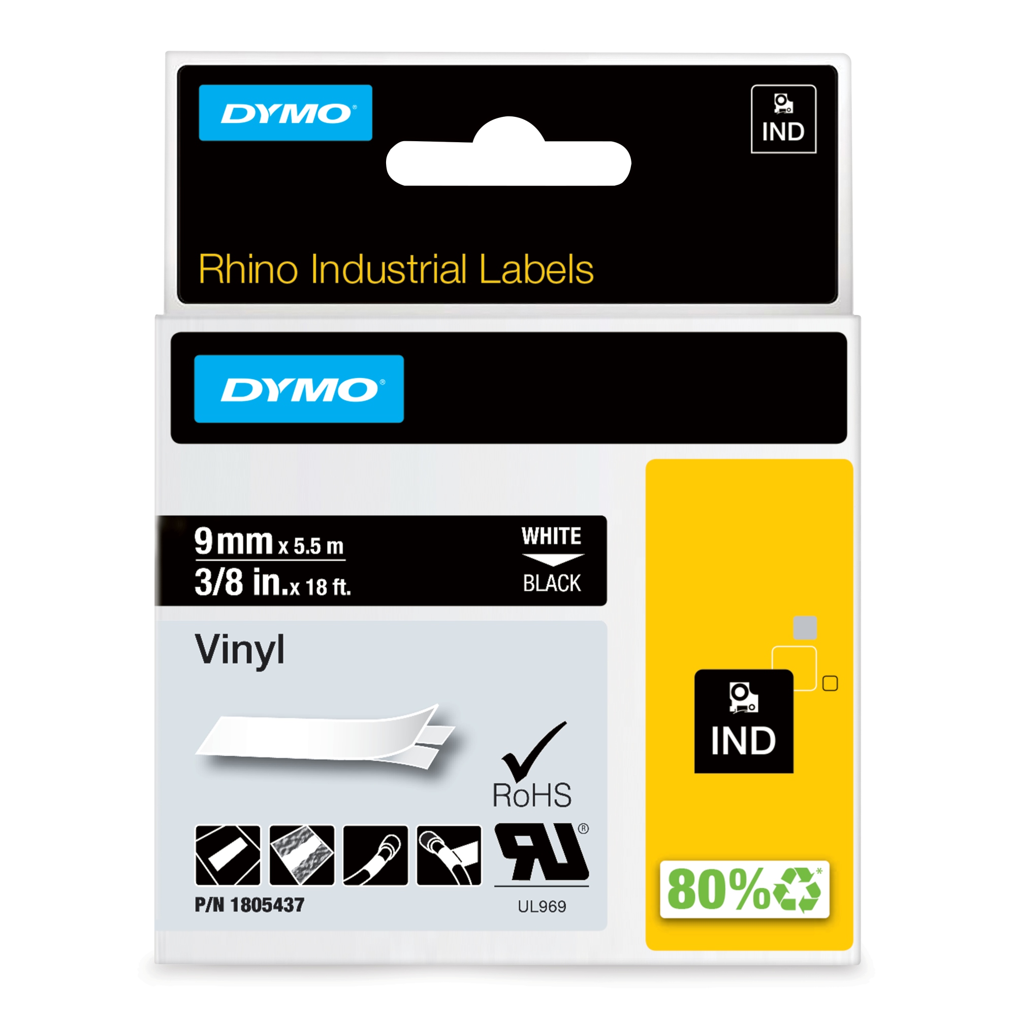 Rhino Etiquetas industriales de vinilo | 9 mm x 5,5 m | Impresión blanca sobre negro | Autoadhesivas | Para etiquetadoras LabelManager y Rhino