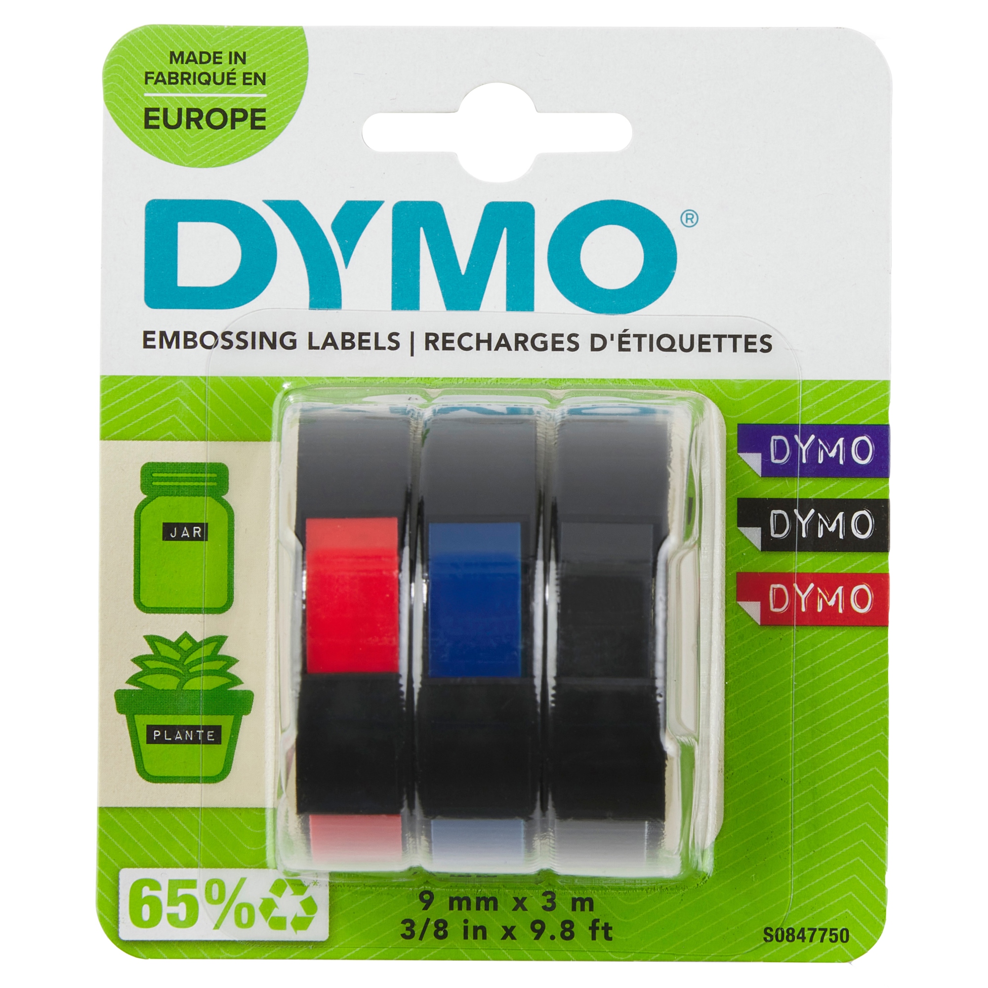 auténtica etiquetas de estampación 3D | 9 mm x 3 m | AzulNegro y Rojo | Autoadhesivas | para las etiquetadoras de estampado | 3 rollos | Fabricado en Europa