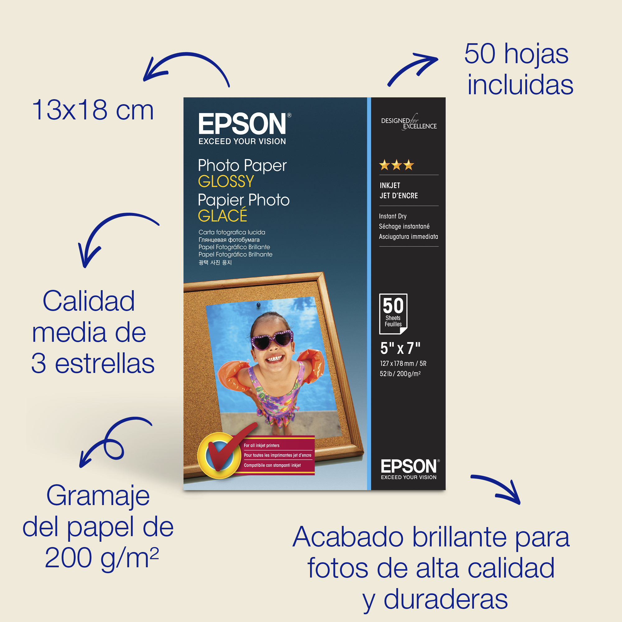 Papel fotográfico brillante de (130 × 180 mm), 200 g/m2, 50 hojas