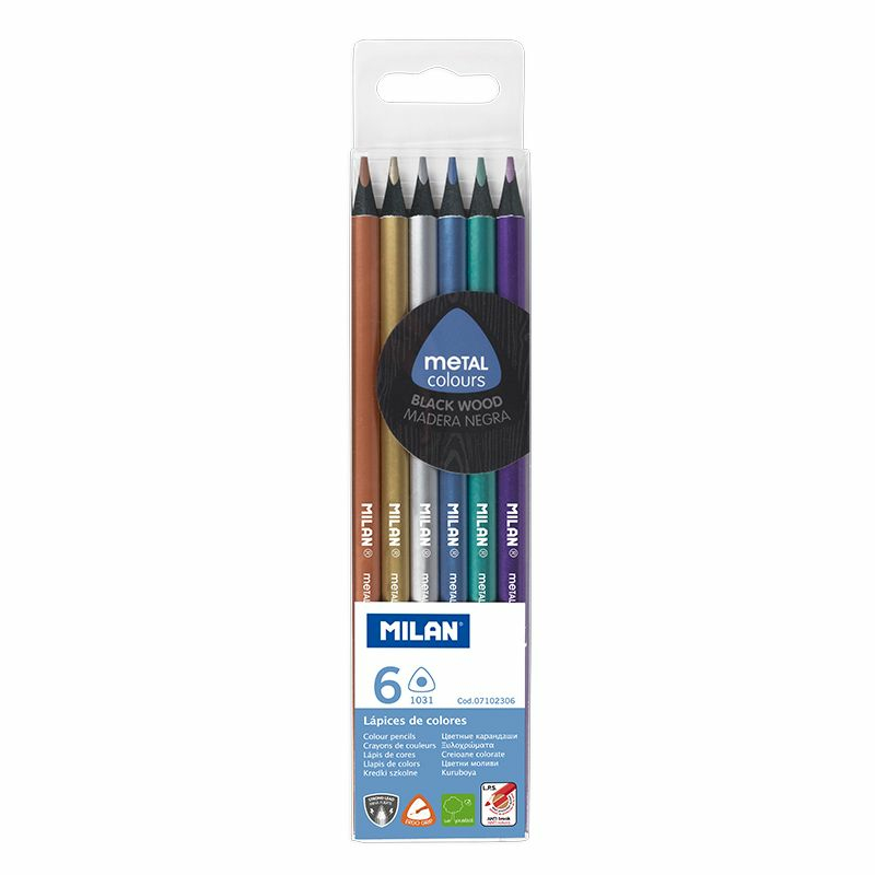 Caja 6 lápices de colores metalizados triangulares, madera negra