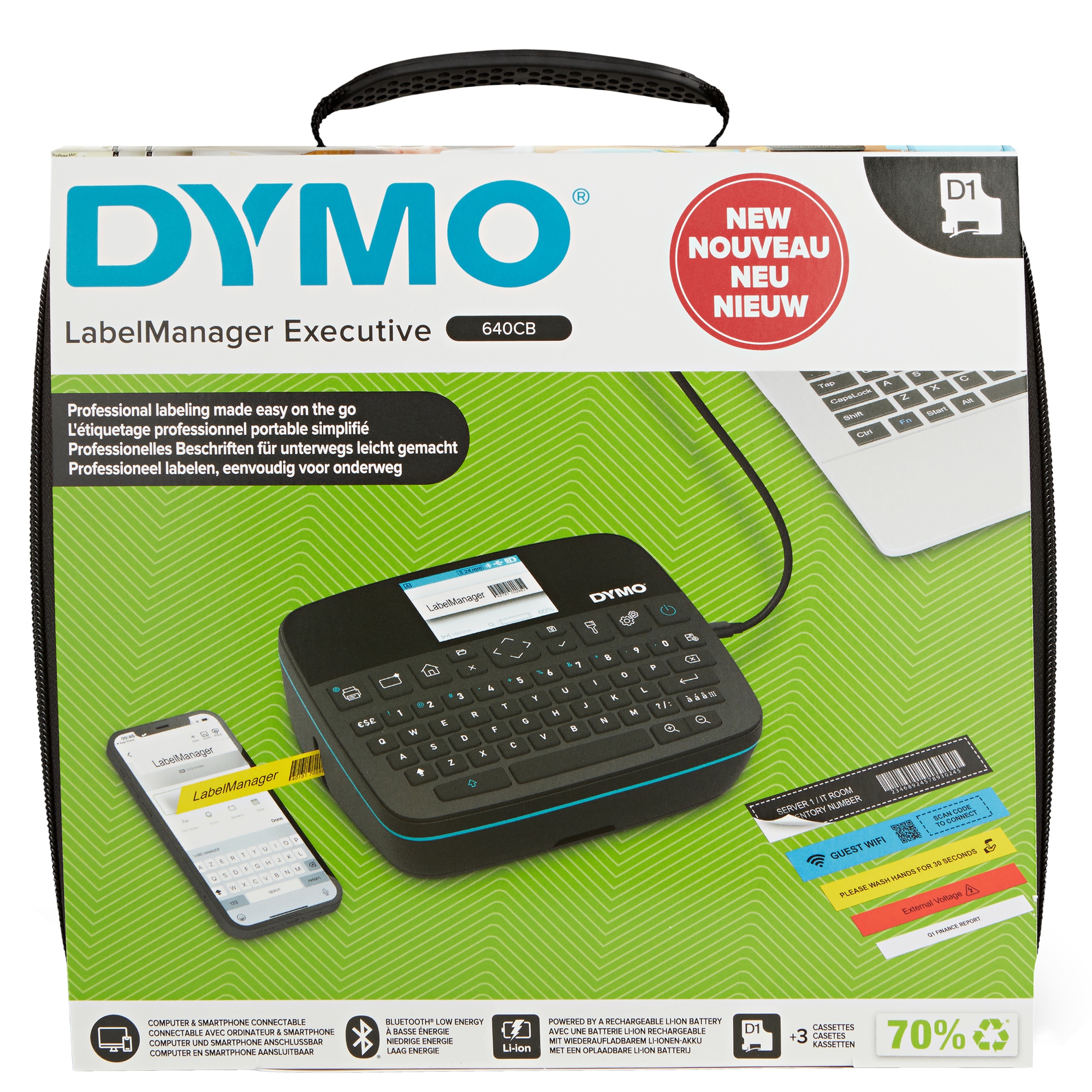 LabelManager Executive 640 CB Impresora de etiquetas portátil con maletín de transporte y 3 casetes de etiquetas D1 | Máquina etiquetadora con teclado QWERTY | Conectividad dual Bluetooth y USB