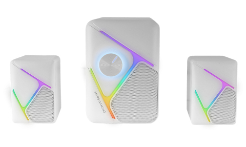 MS-H21, Altavoces Gaming RGB 2.1 y Subwoofer 35W, Sistema Drivers Invertidos 3D Surround, Altavoces Compactos con Iluminación Dinámica RGB, Alimentación USB y Conector Jack 3.5mm, Blanco