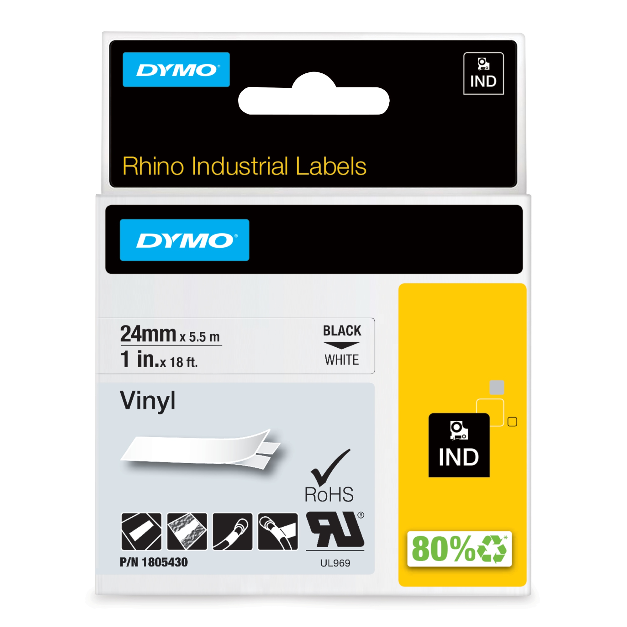Rhino Etiquetas industriales de vinilo | 24 mm x 5,5 m | Impresión en negro sobre blanco | Autoadhesivas | Para rotuladoras LabelManager y Rhino