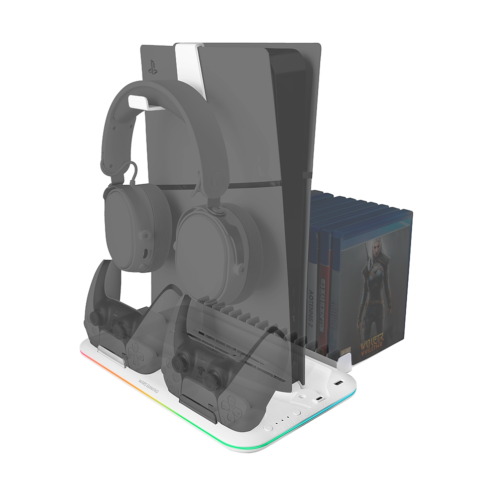 MPS5-B2, Soporte RGB para PS5 Slim Estándar y Digital, 1x Ventilador, Cargador Doble de Mandos, Soporte PS5 con Iluminación Neón RGB, Organizador Videojuegos + Soporte Auriculares, Blanco