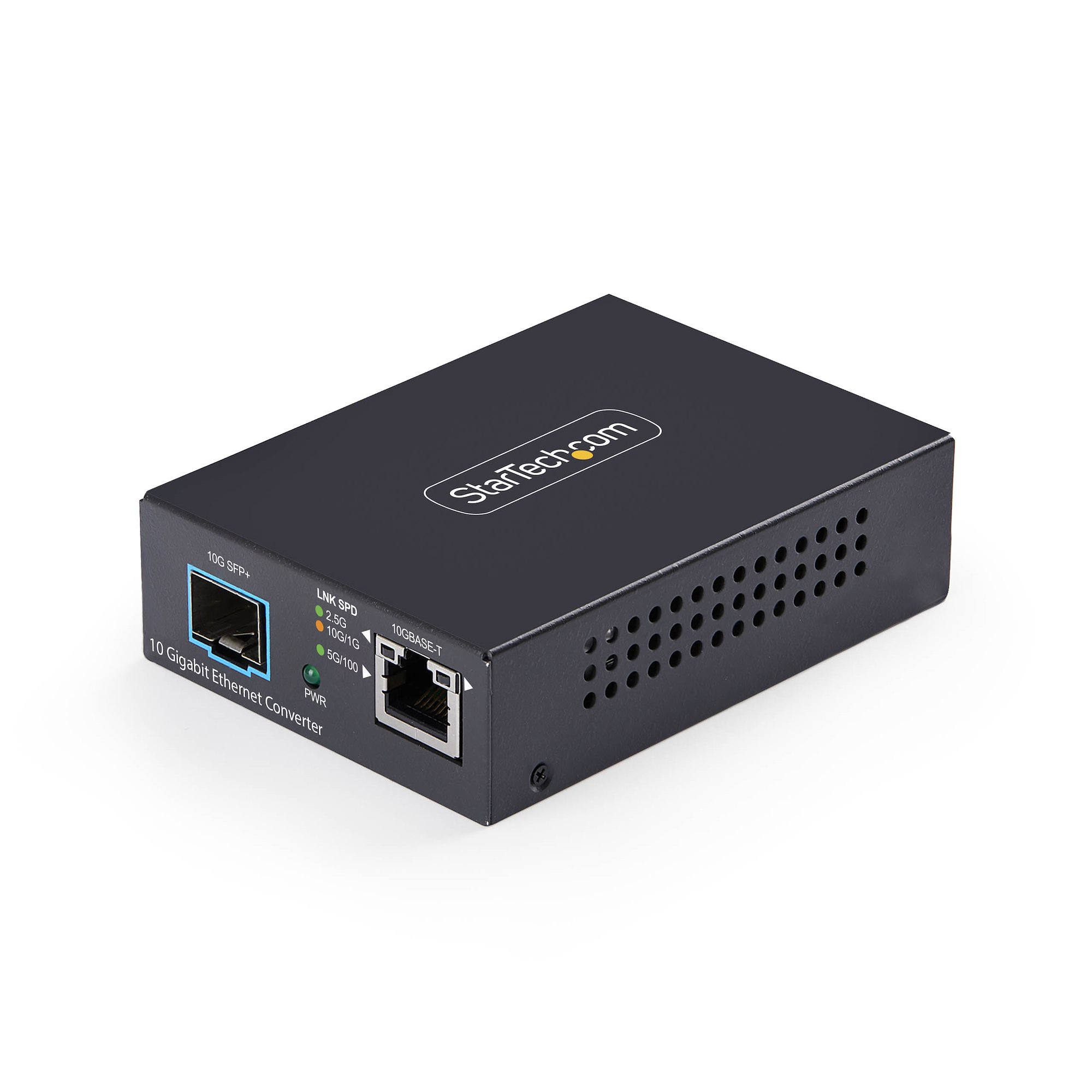 Conversor de Medios de Fibra 10GbE Multigigabit con Ranura SFP+ Abierta - RJ-45 a 10GBASE-X SFP+ - Monomodo/Multimodo - Tramas Jumbo 16K - TAA