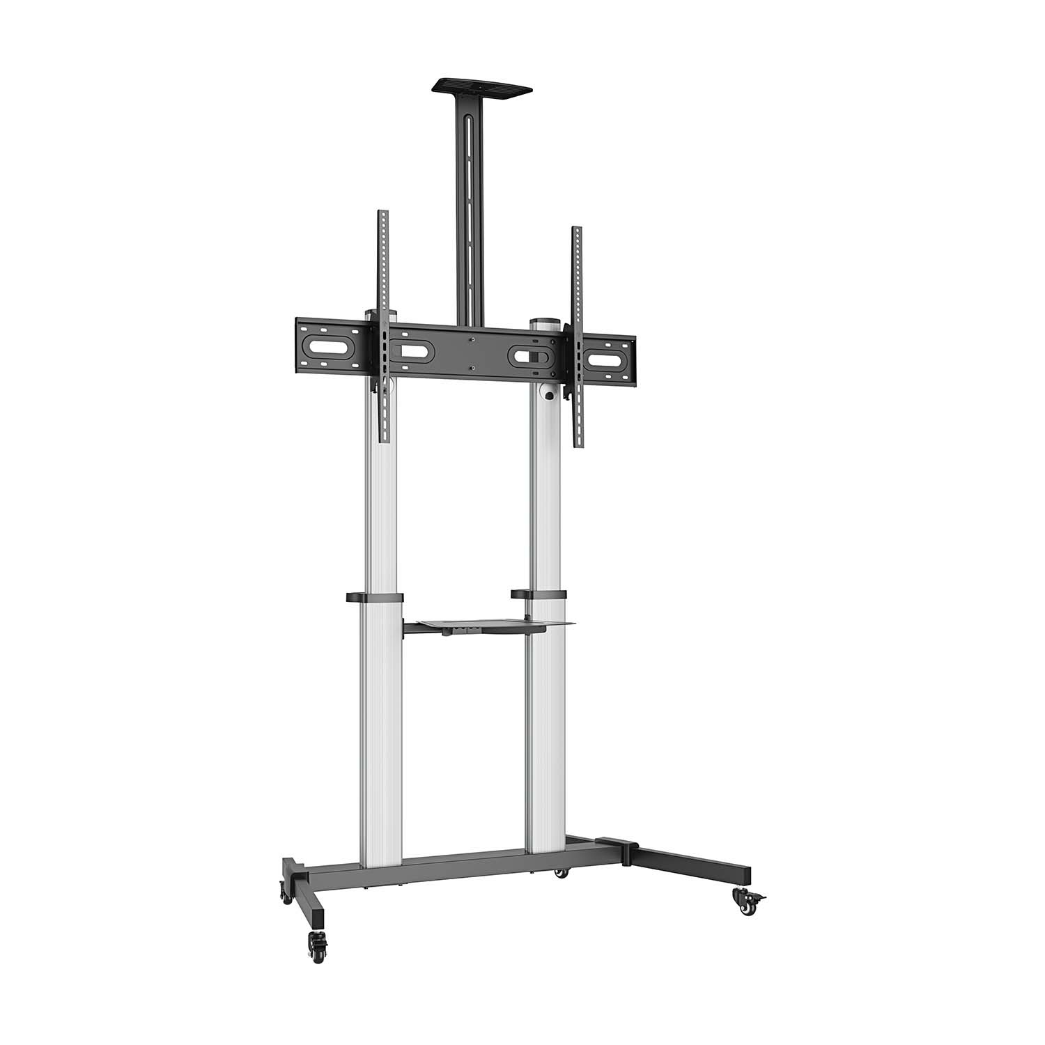 Soporte de suelo PRO con ruedas, bandeja para DVD y soporte de cámara para Monitor/TV 100Kg de 60-100, Negro-Plata