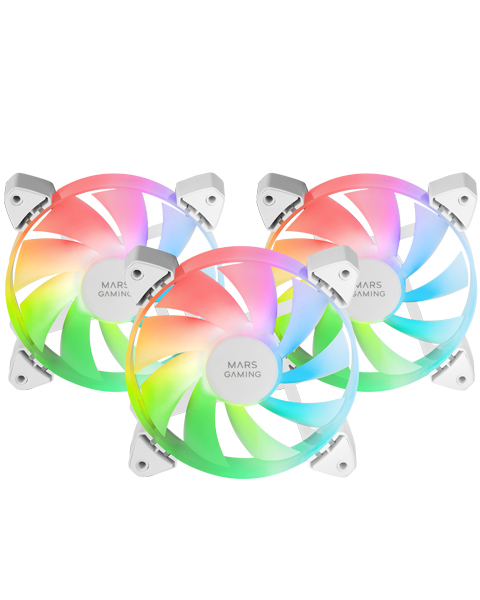 MF-3A, Kit 3x Ventiladores FDB Ultrasilenciosos 120mm, Iluminación ARGB Rainbow 360º Sin Marco, Ventialdores 3en1 con Compatibilidad Total ARGB, Doble Conector ARGB Macho + Hembra, Blanco