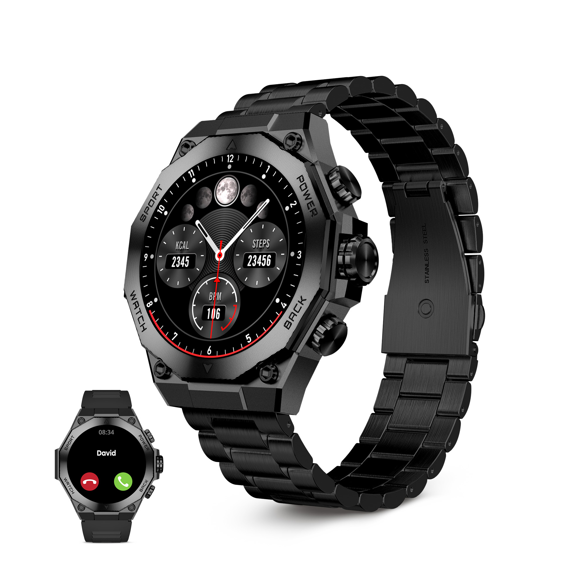 Smartwatch Titanium, Pantalla AMOLED 1,43", 2 correas, Aut. 5 días, Modos deporte y salud, Llamadas, Asistentes voz, Negro